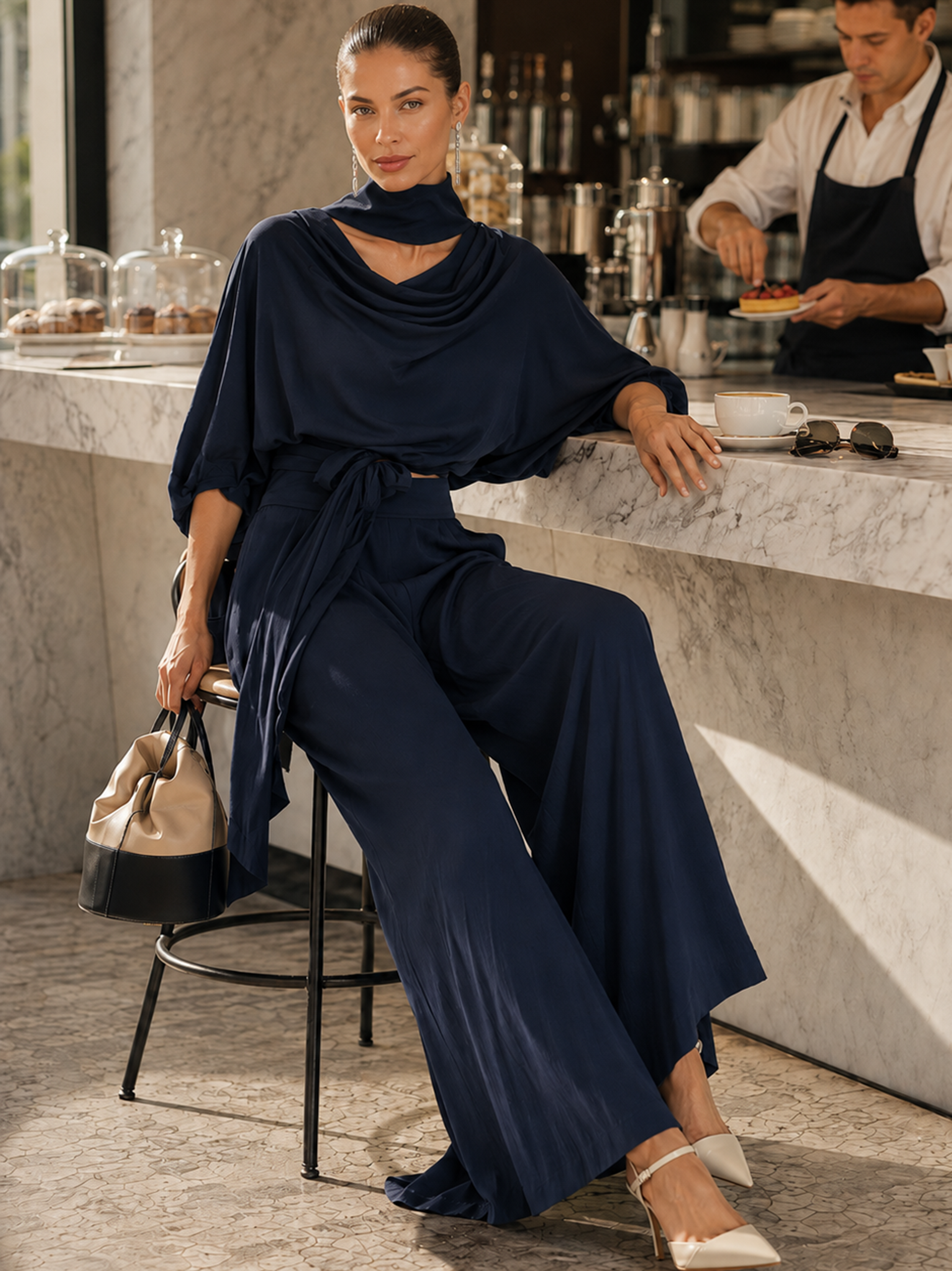 Elegant Drape Navy Cowl Neck Tie Waist Top Wide Leg Pants Two-Piece Set