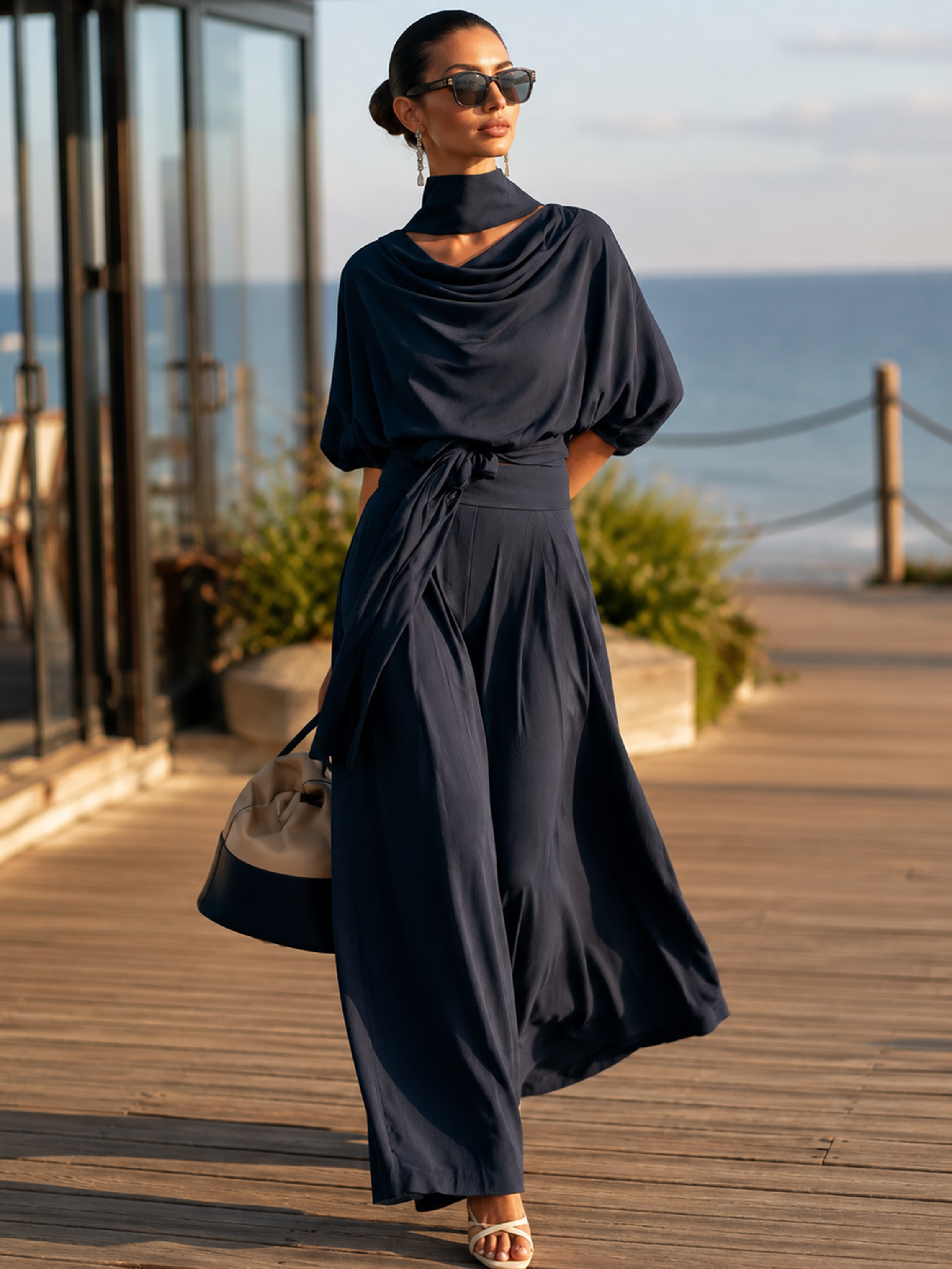 Elegant Drape Navy Cowl Neck Tie Waist Top Wide Leg Pants Two-Piece Set