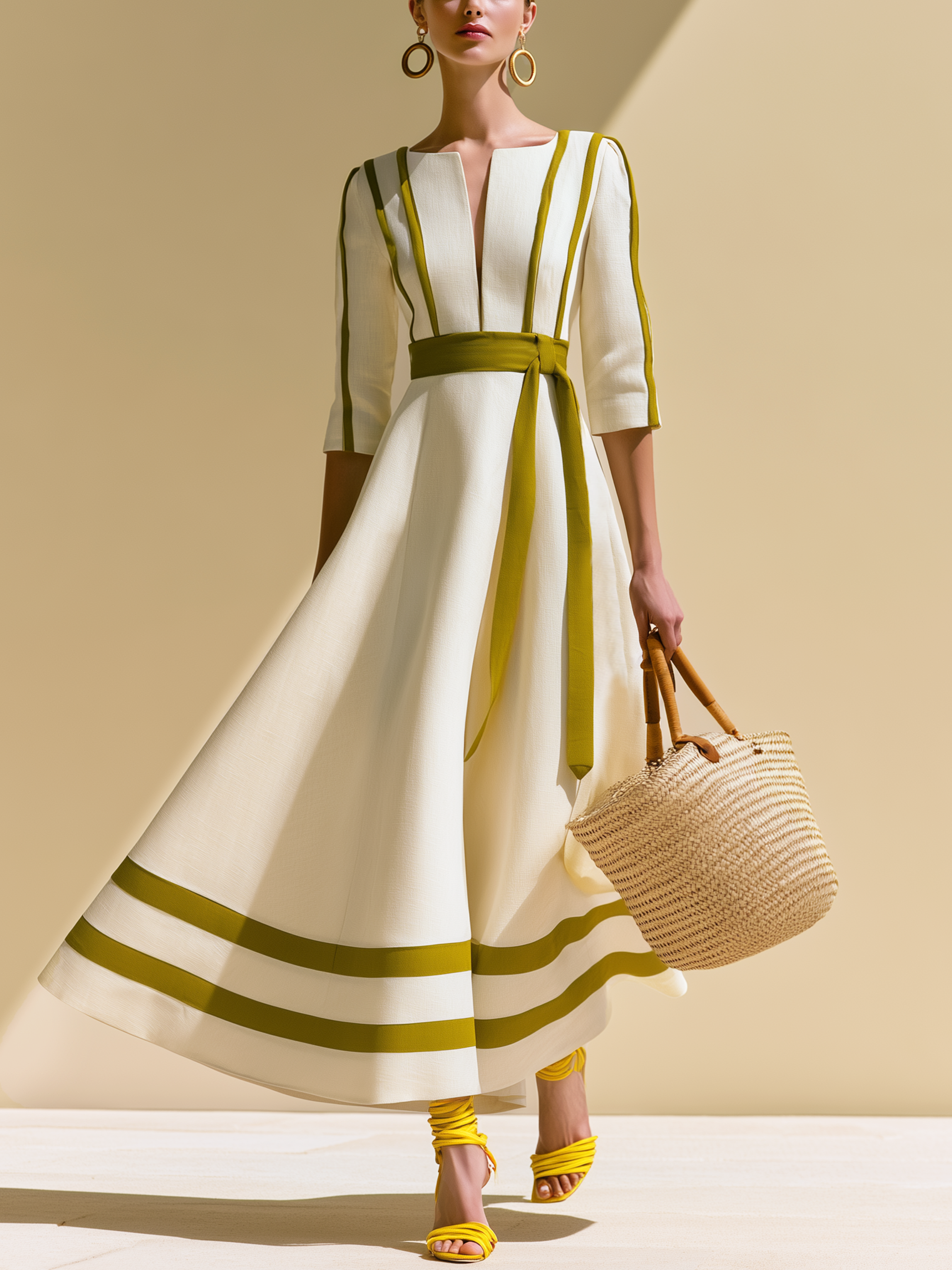 Elegant Olive Contrast Piping & Belt 3/4 sleeves Midi Dress