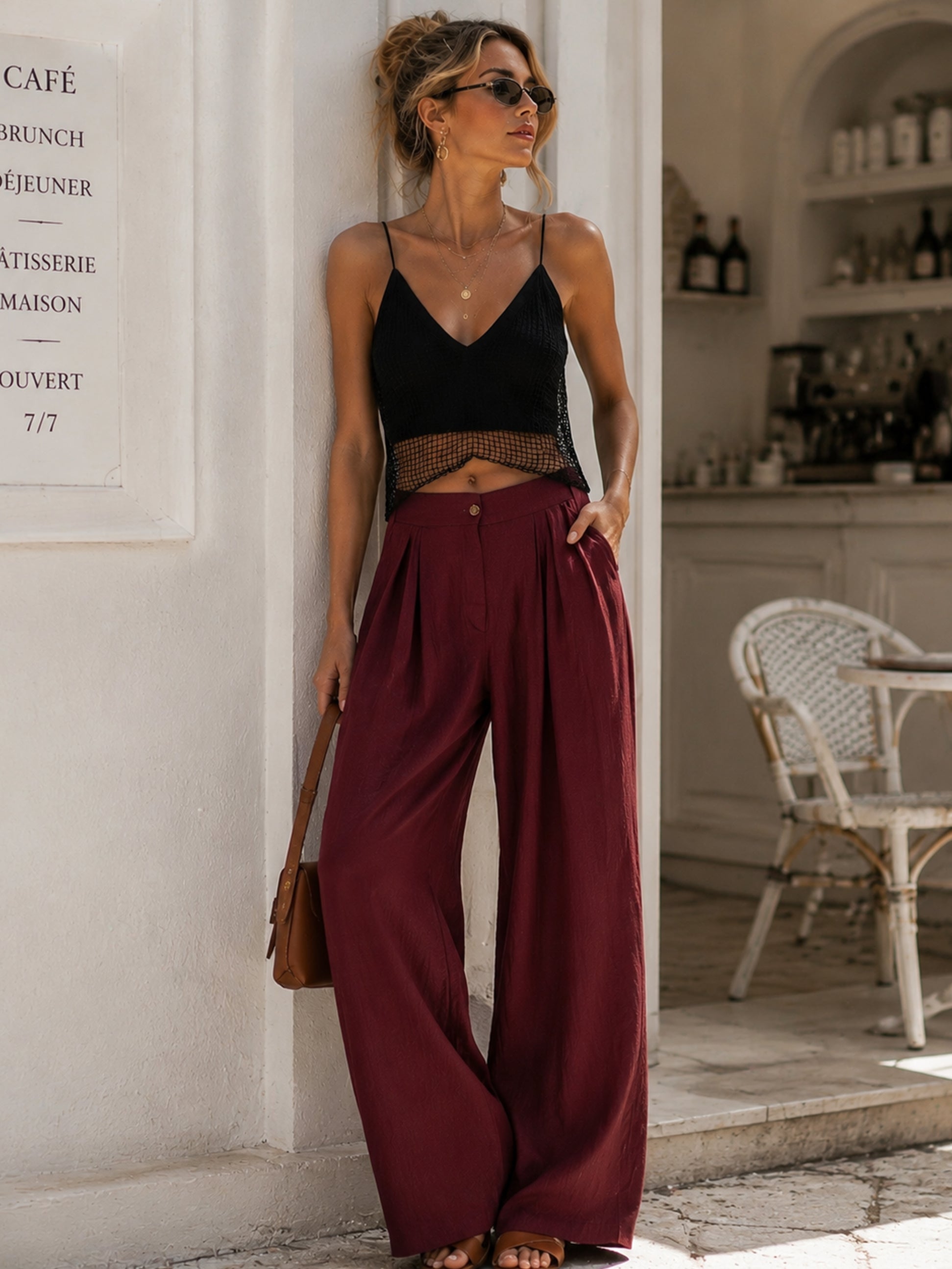Timeless Set :Black Mesh Cropped Camisole & Burgundy Wide Leg Pants