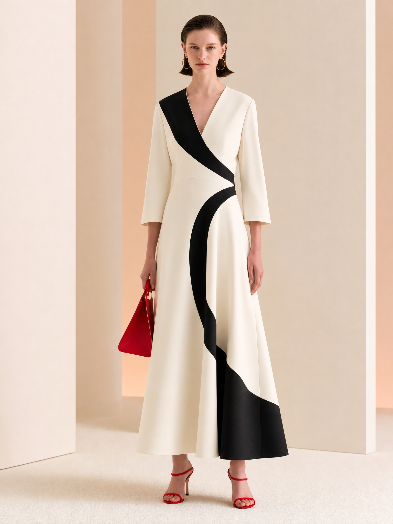 Cream Black Curved Colorblock V-Neck Flare Sleeve A-Line Midi Dress
