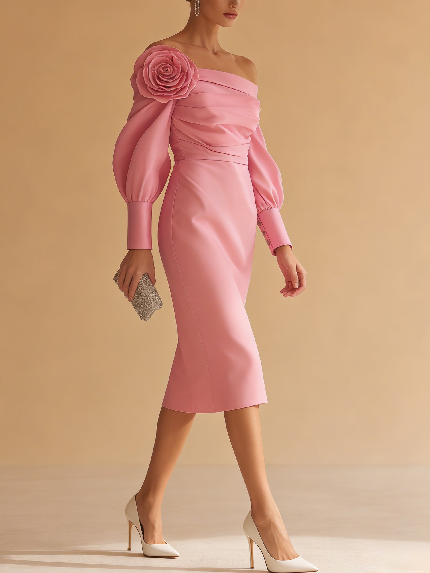 Robe midi de soirée Liserie à épaules dénudées, coupe ajustée, ornée d'appliqués de roses 3D et de manches ballon.