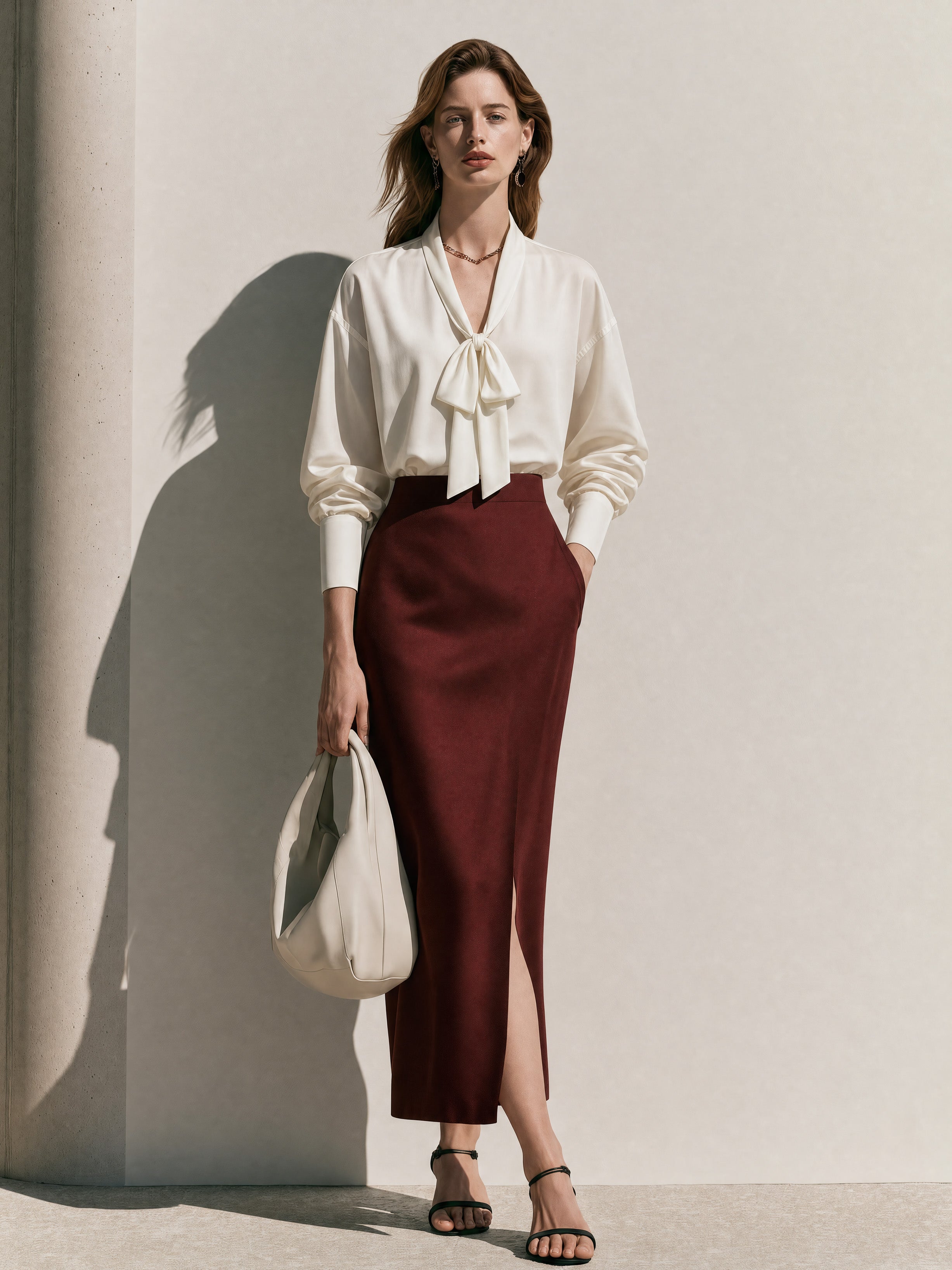 Elegant White Blouse & Burgundy Skirt Set: Tie-Neck Blouse & High Waist Slit Midi Skirt