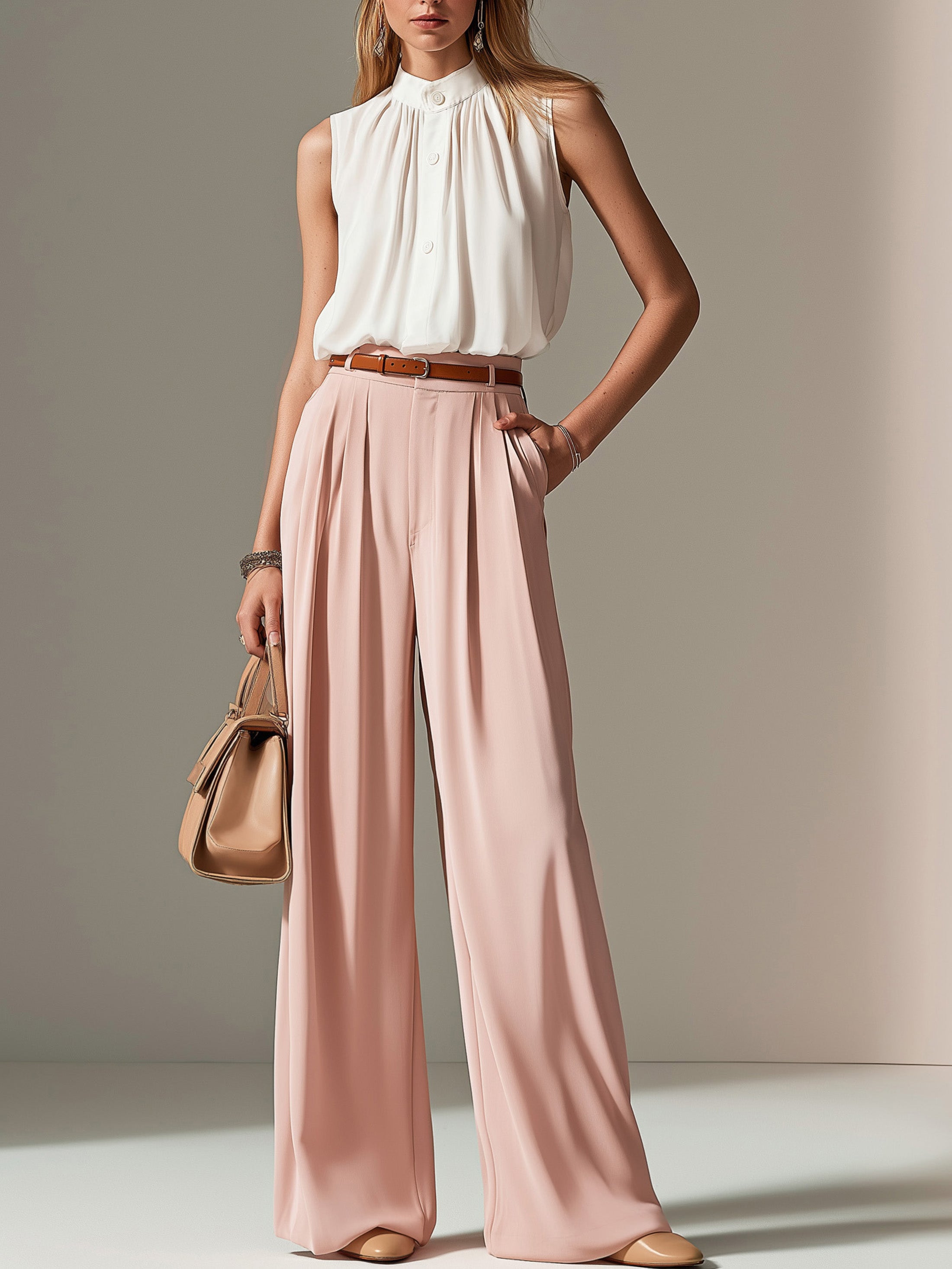 Elegant Sleeveless Chiffon Top & Pink Wide-leg Suit Trouser Set