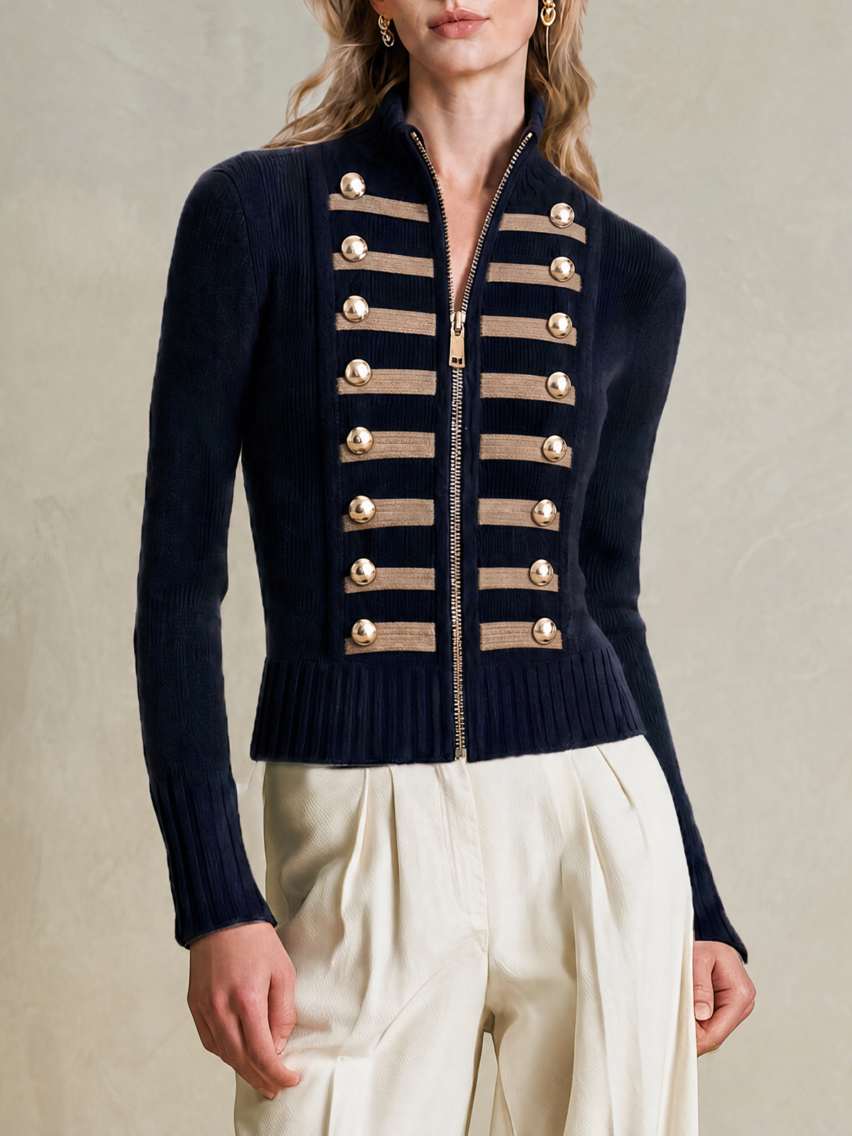 Elegant Navy & Light Brown Contrast Trim Knit Cardigan with Gold Buttons