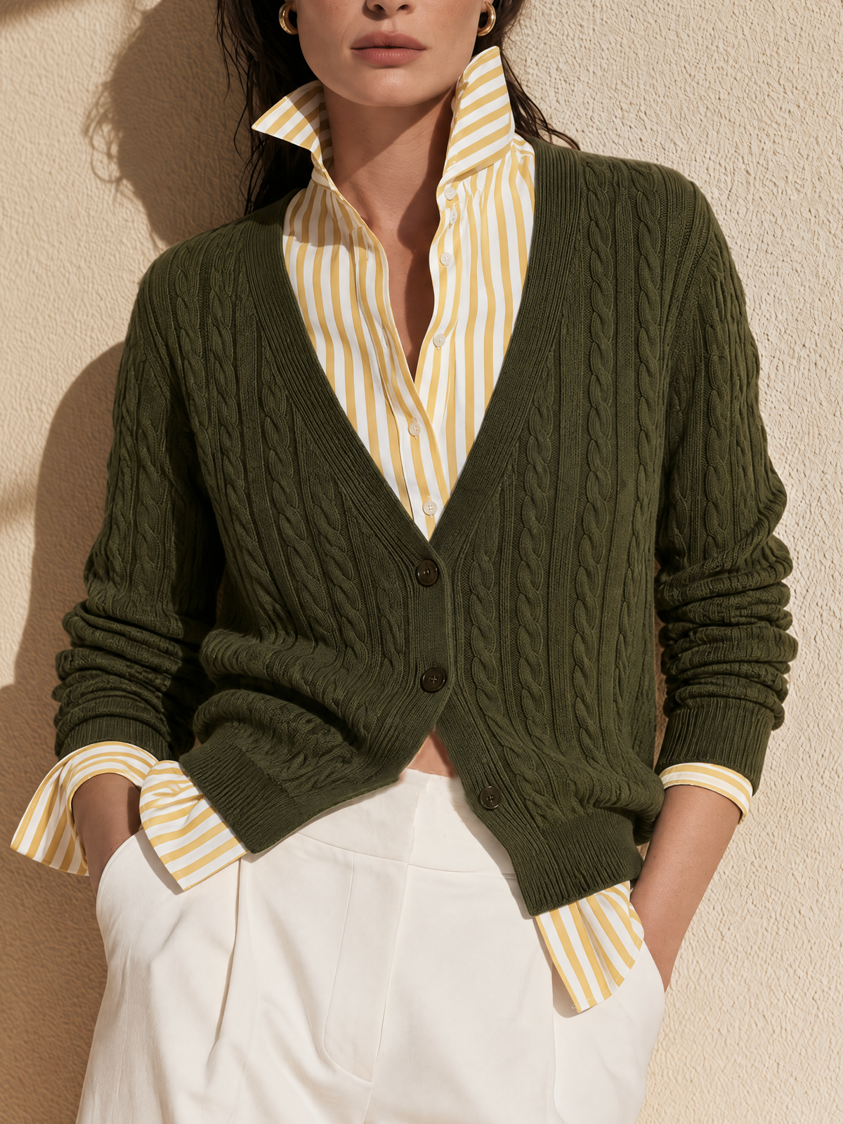 Olive Green And Yellow Shirt Collar Wool Knit Faux Two Piece Cardigan