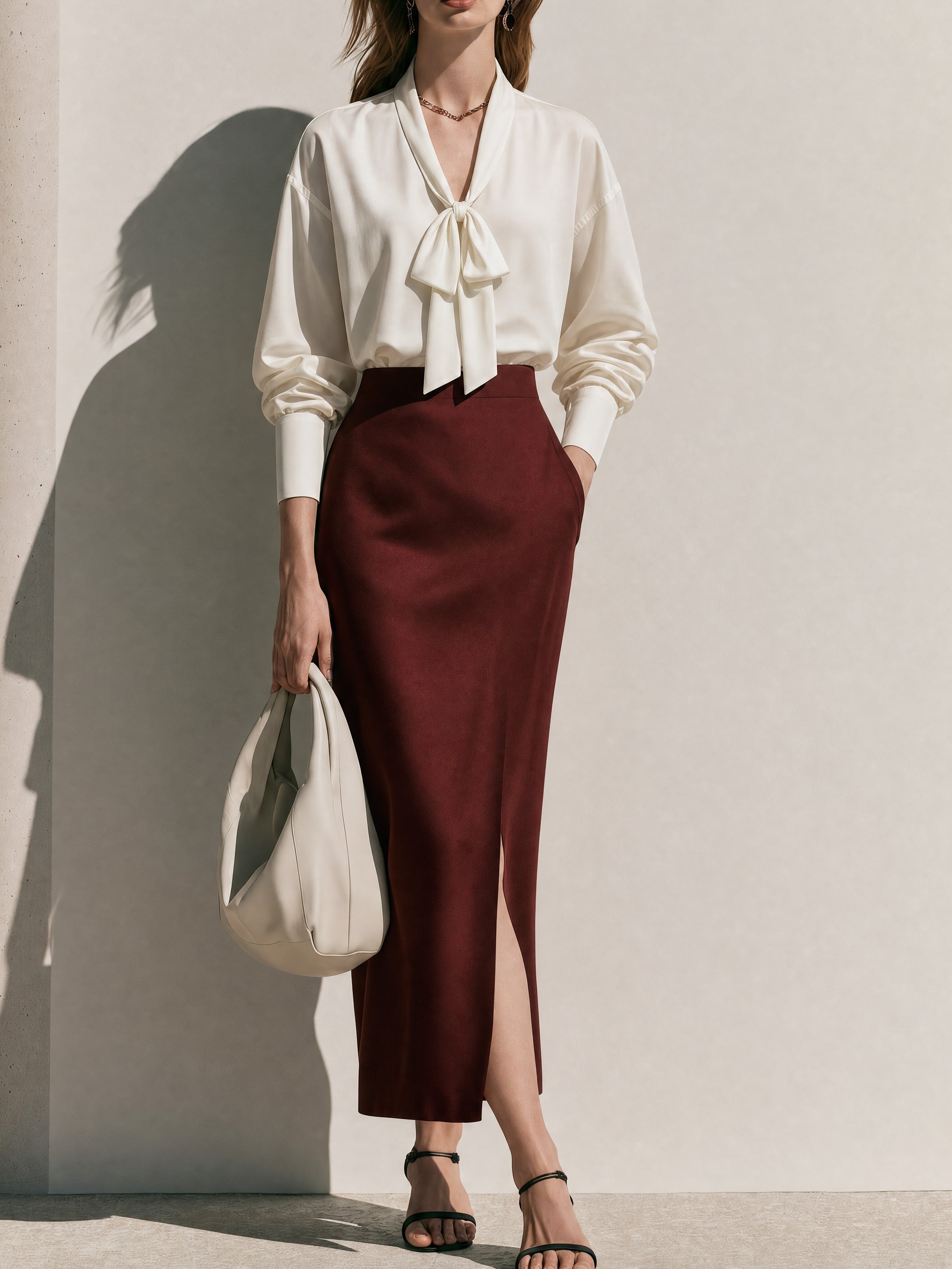 Elegant White Blouse & Burgundy Skirt Set: Tie-Neck Blouse & High Waist Slit Midi Skirt