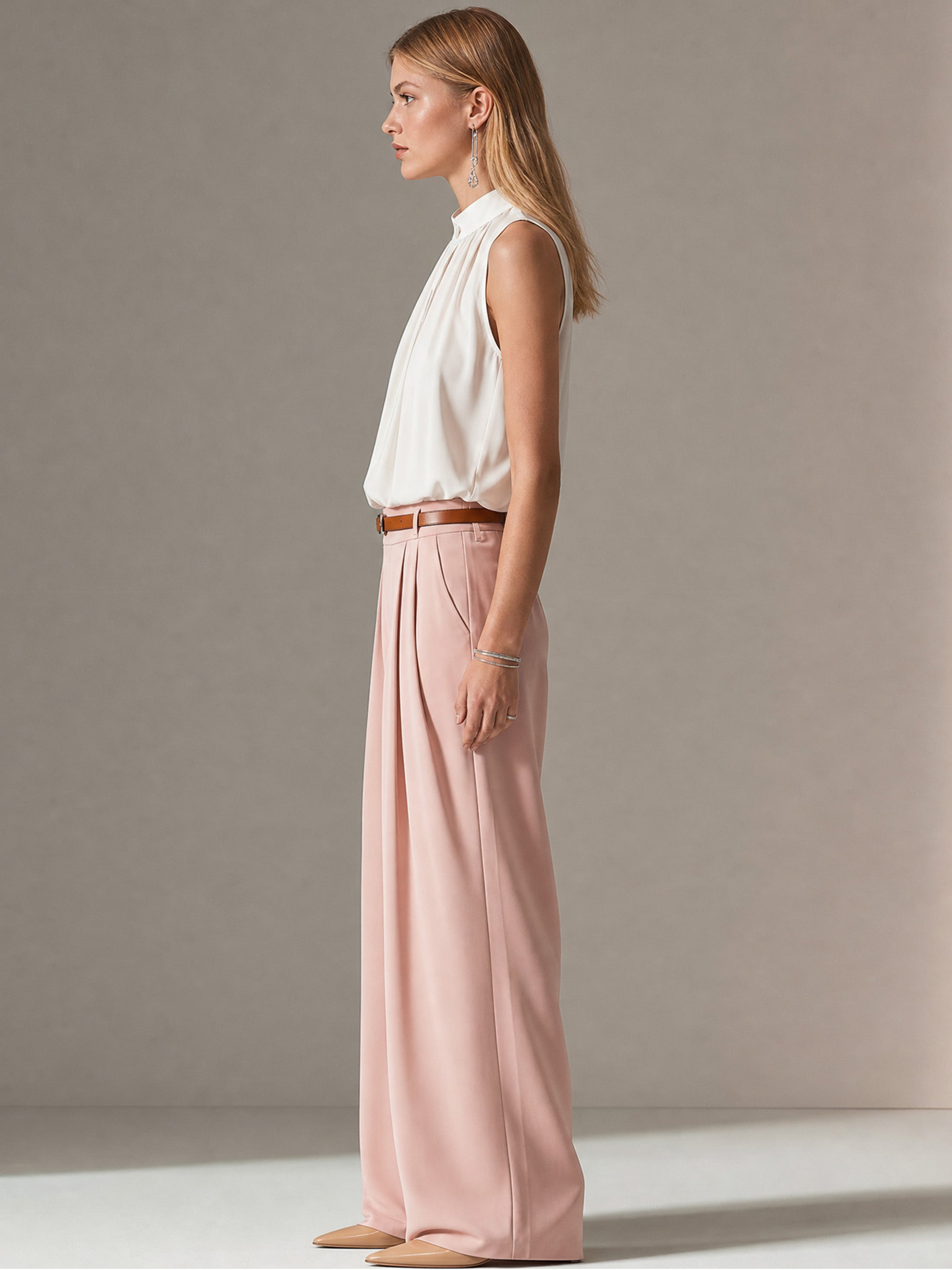Elegant Sleeveless Chiffon Top & Pink Wide-leg Suit Trouser Set