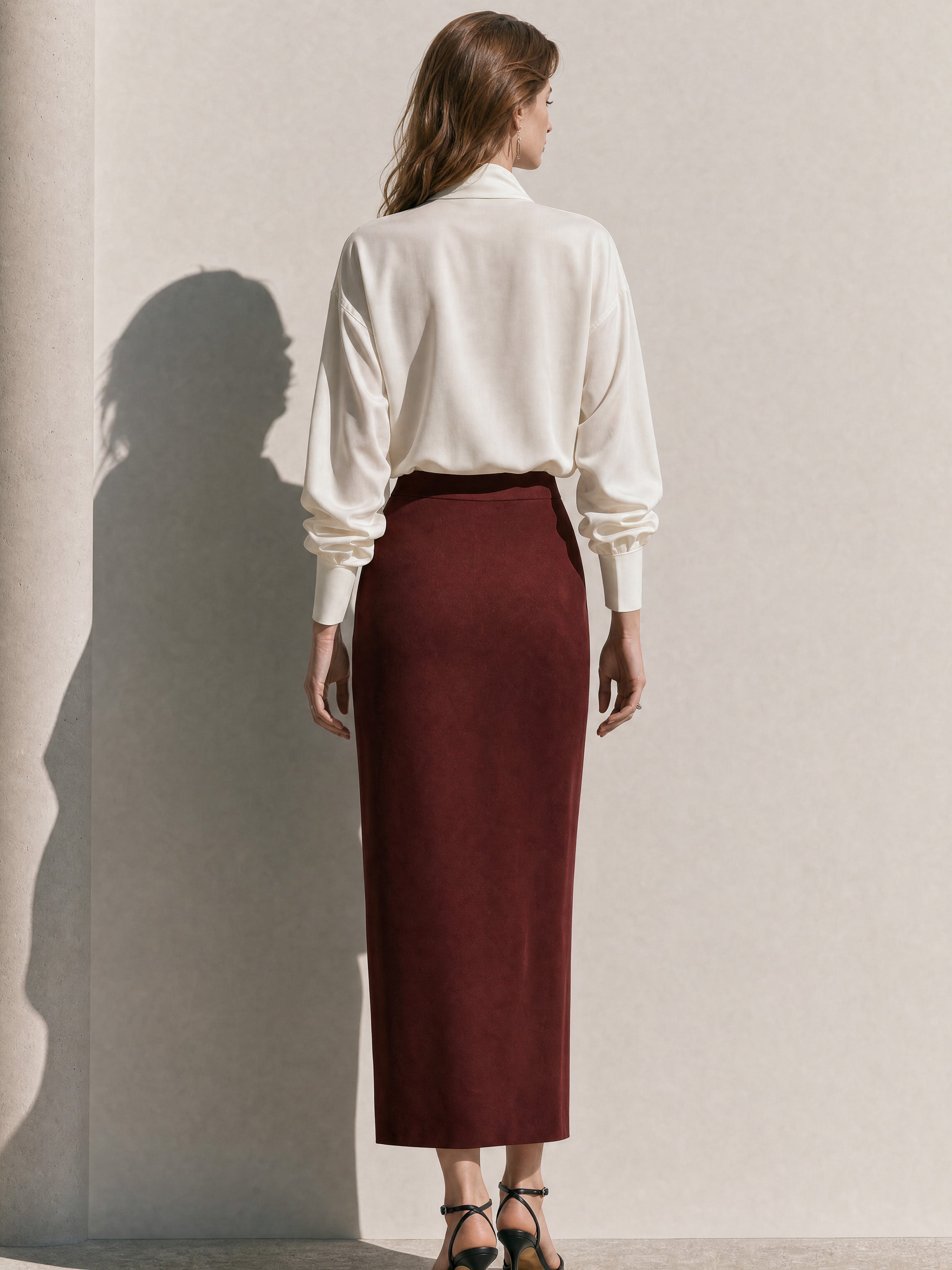 Elegant White Blouse & Burgundy Skirt Set: Tie-Neck Blouse & High Waist Slit Midi Skirt