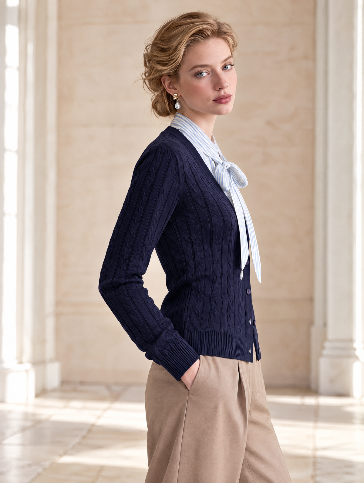 Elegant Navy Striped Bow-Collar Wool-Blend Knit Cardigan