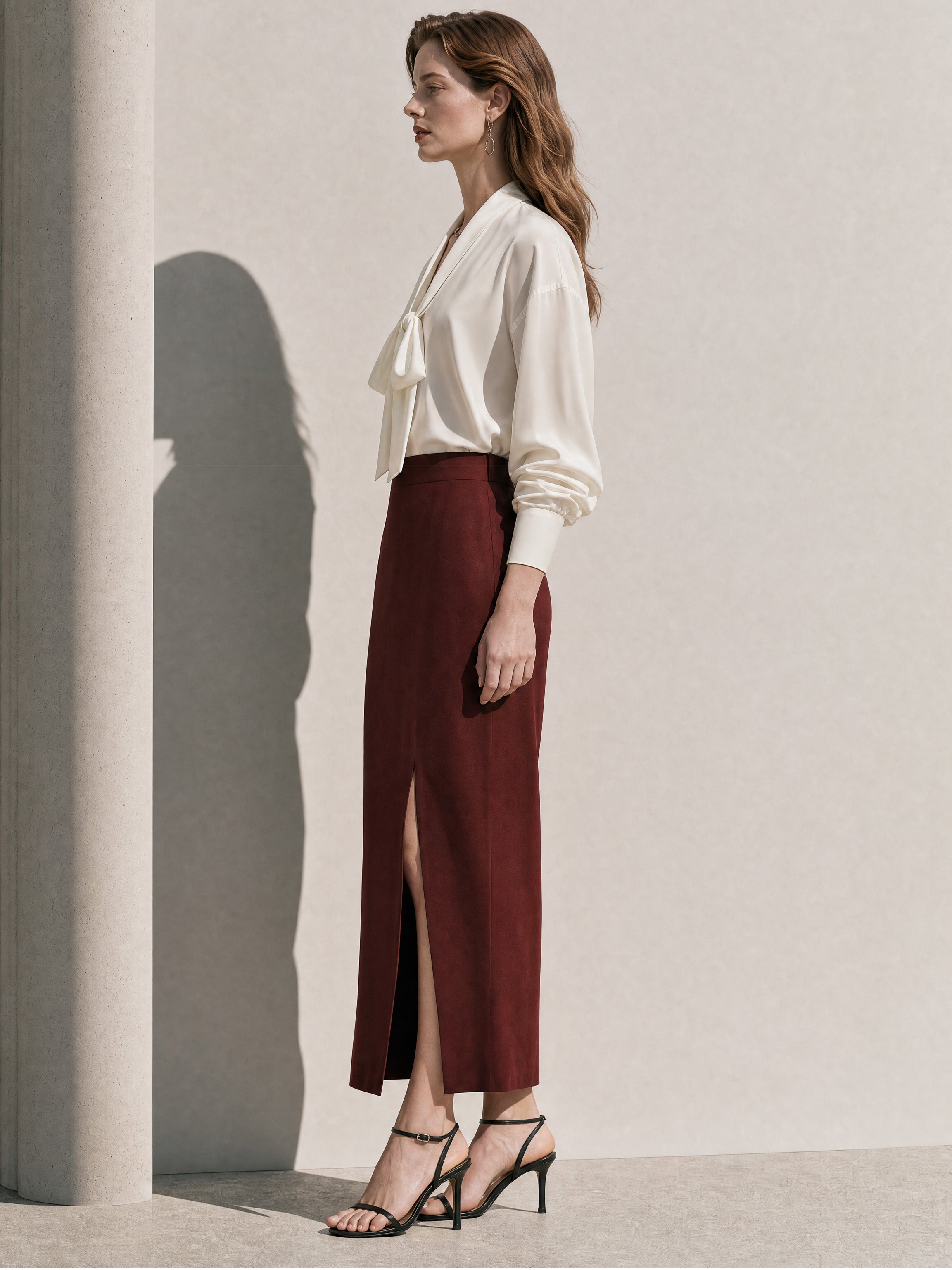 Elegant White Blouse & Burgundy Skirt Set: Tie-Neck Blouse & High Waist Slit Midi Skirt