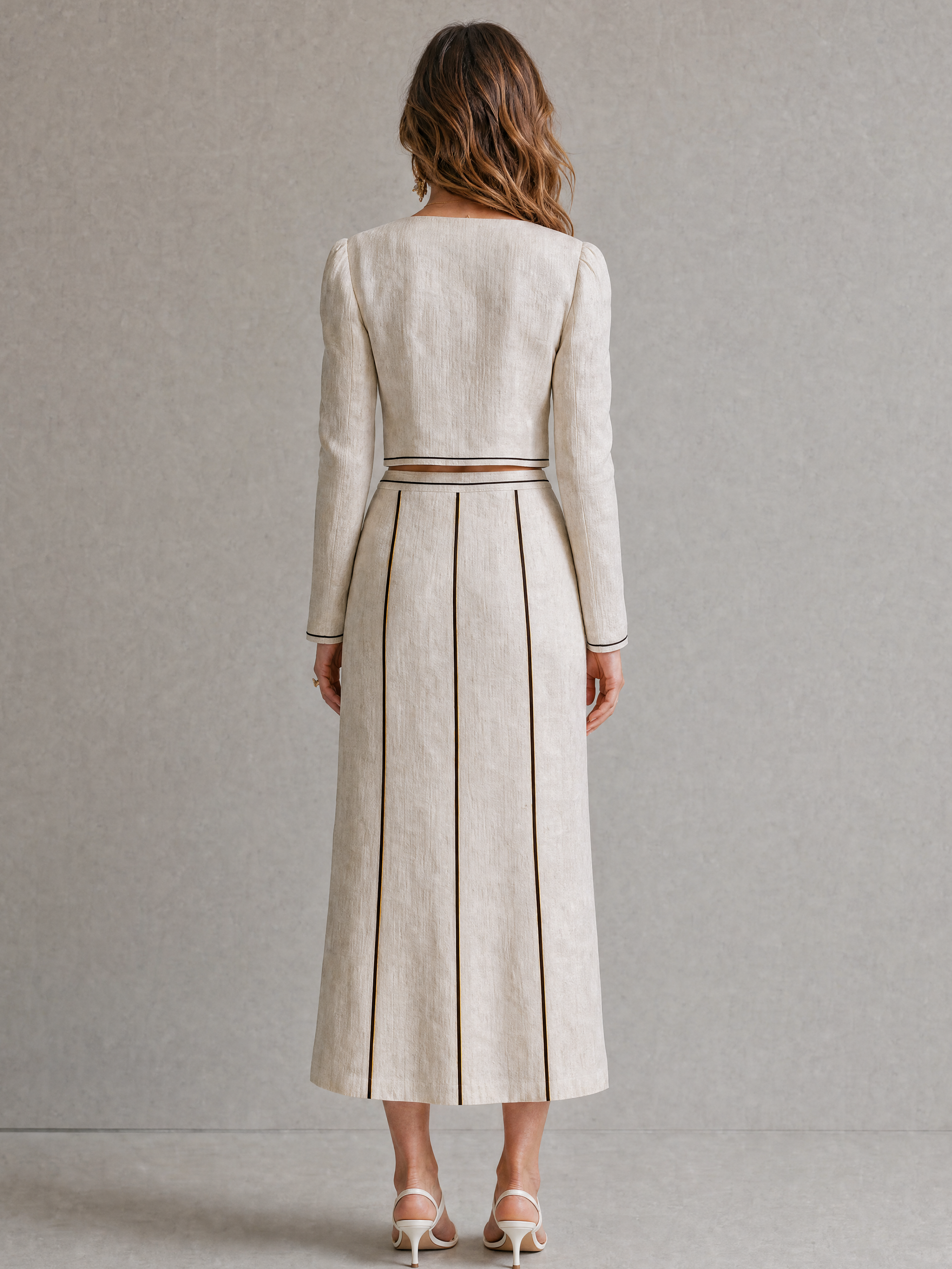 Elegant White Linen Blend Skirt Set: Square Neck Long Sleeve Top & Slit Midi Skirt