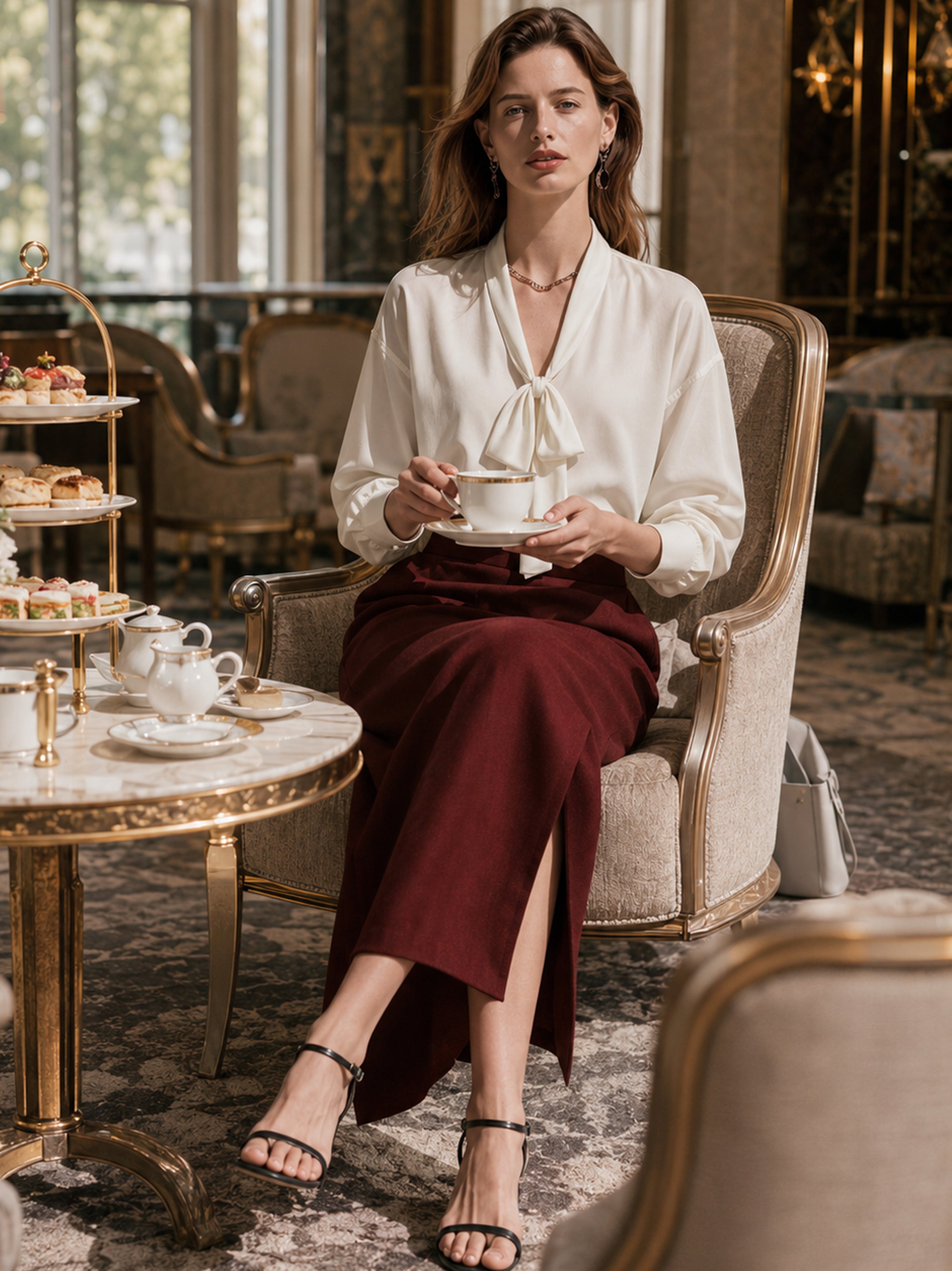 Elegant White Blouse & Burgundy Skirt Set: Tie-Neck Blouse & High Waist Slit Midi Skirt