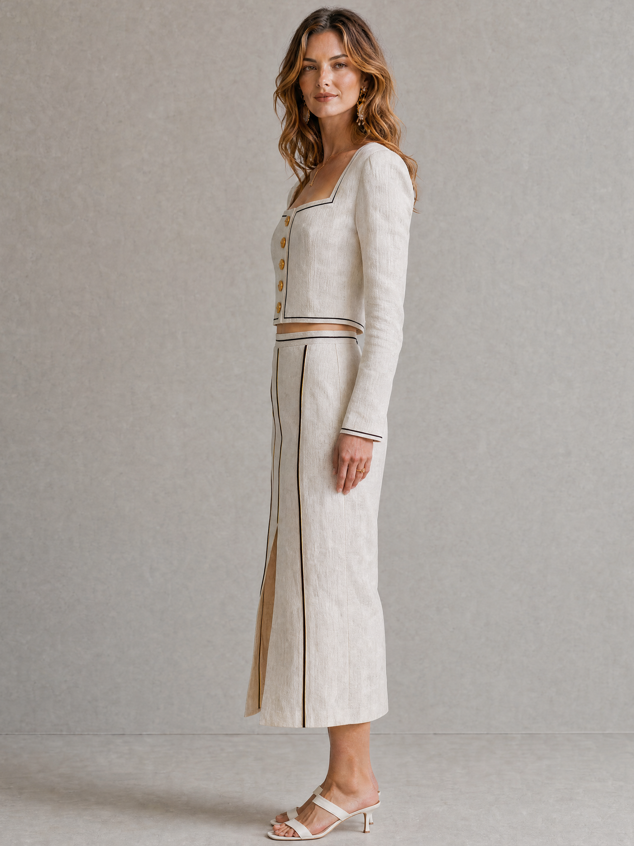 Elegant White Linen Blend Skirt Set: Square Neck Long Sleeve Top & Slit Midi Skirt