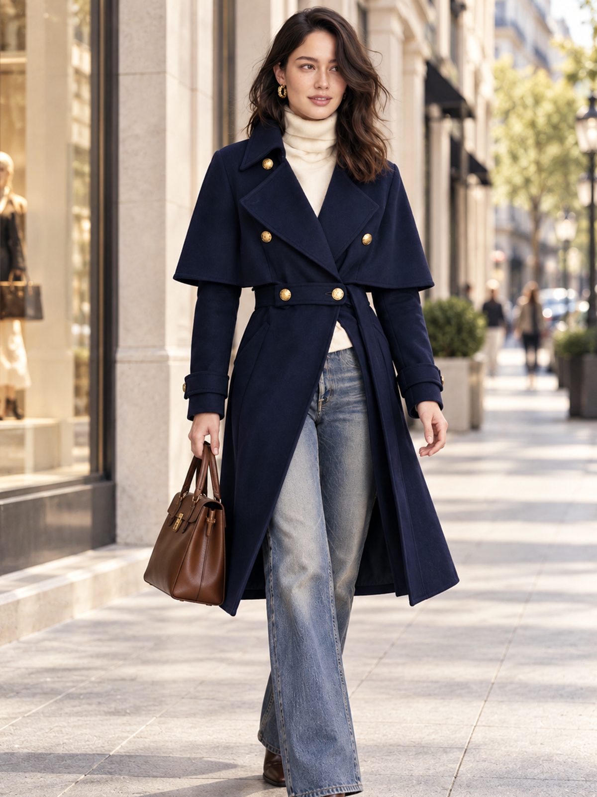 Navy Blue Shawl Woolen Long Coat