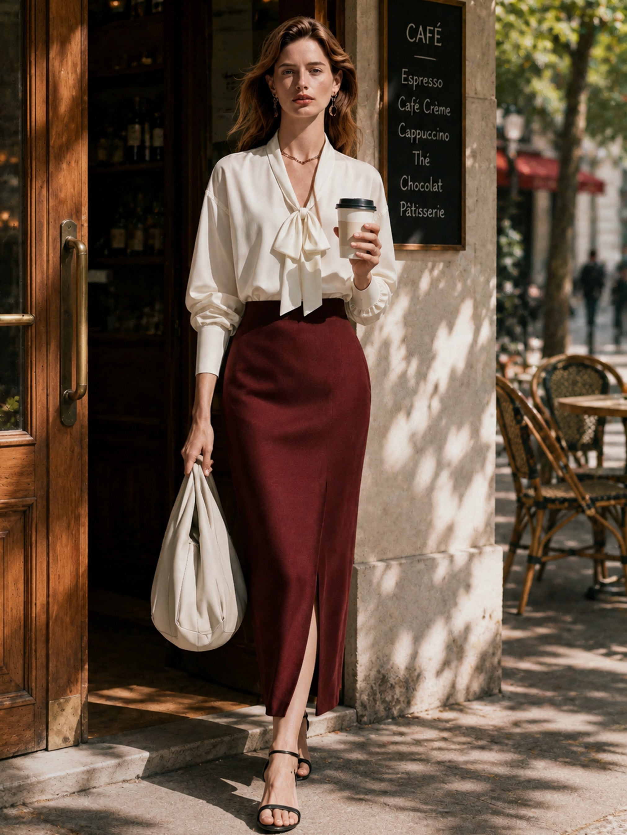 Elegant White Blouse & Burgundy Skirt Set: Tie-Neck Blouse & High Waist Slit Midi Skirt