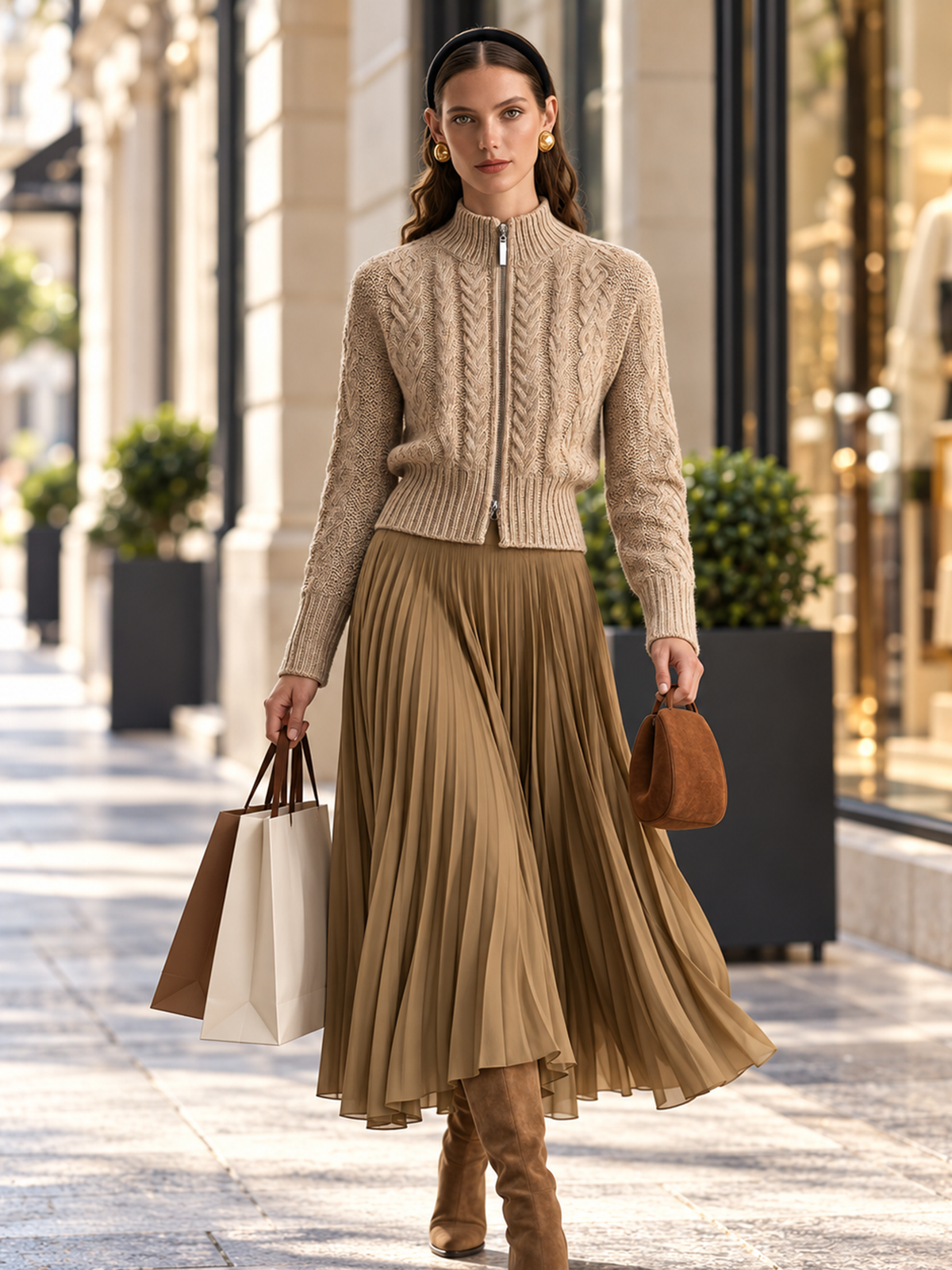 Beige Double-Zip Cable-Knit Wool Cardigan
