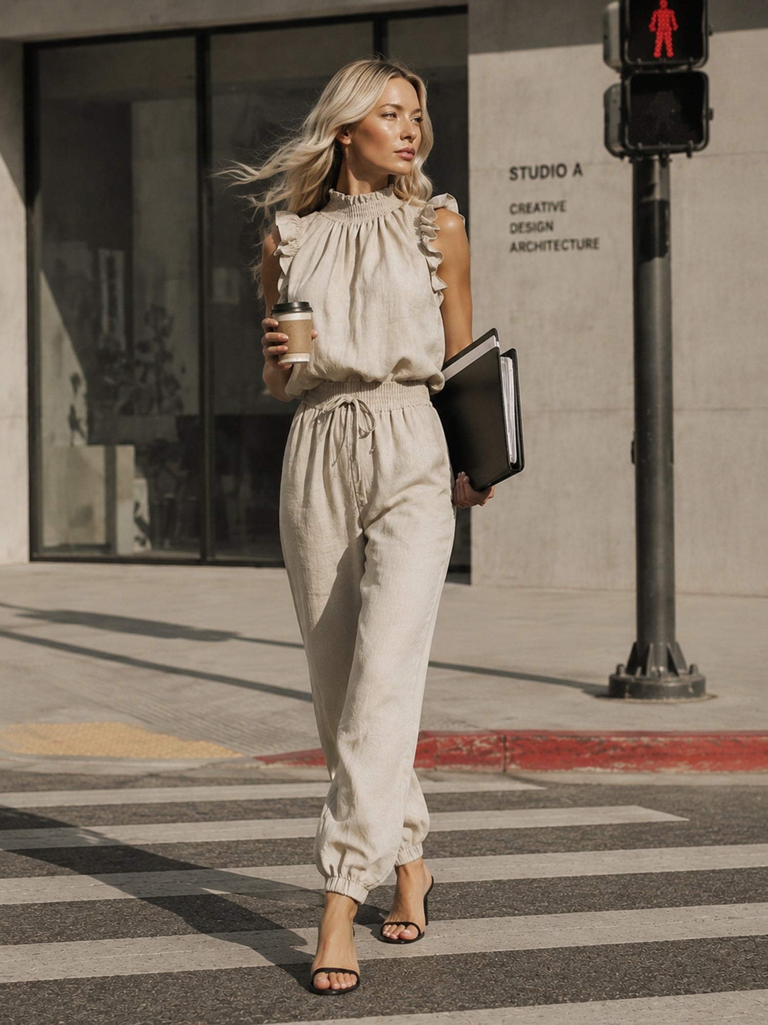 Liserie Oatmeal Linen Ruffle Neck Top & Drawstring Pants Casual Set