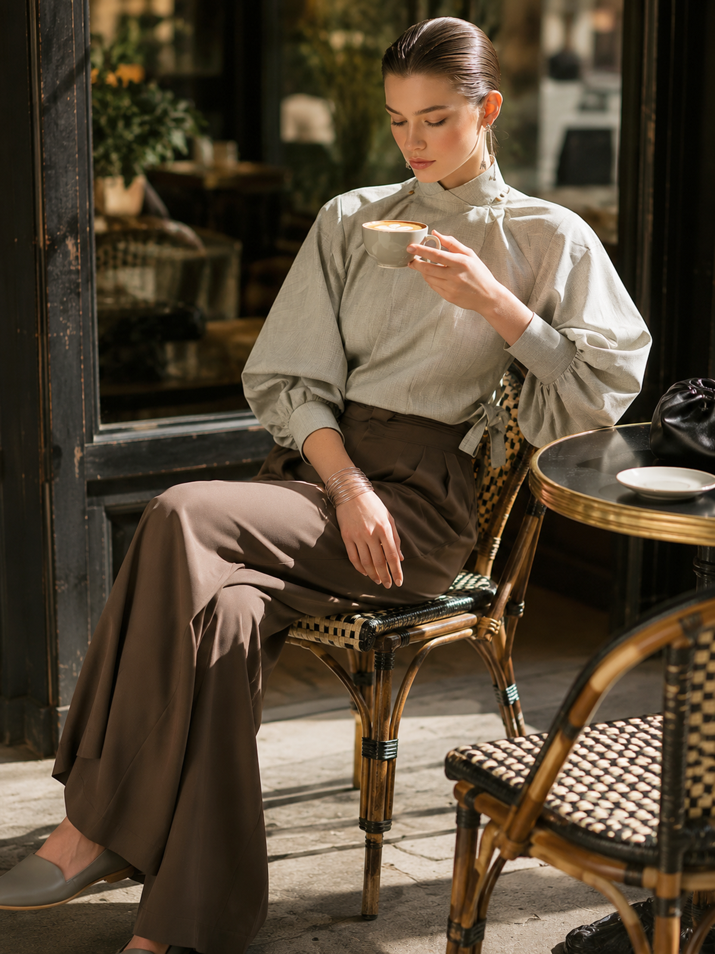 Elegant Light Grey Stand Collar Puff Sleeve Tie Crop Top Brown High Waist Pleated Wide Leg Two-Piece Set