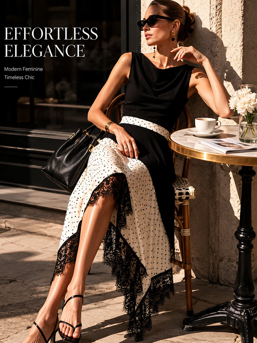 Liserie Elegant Lace Trim Asymmetric Maxi Dress