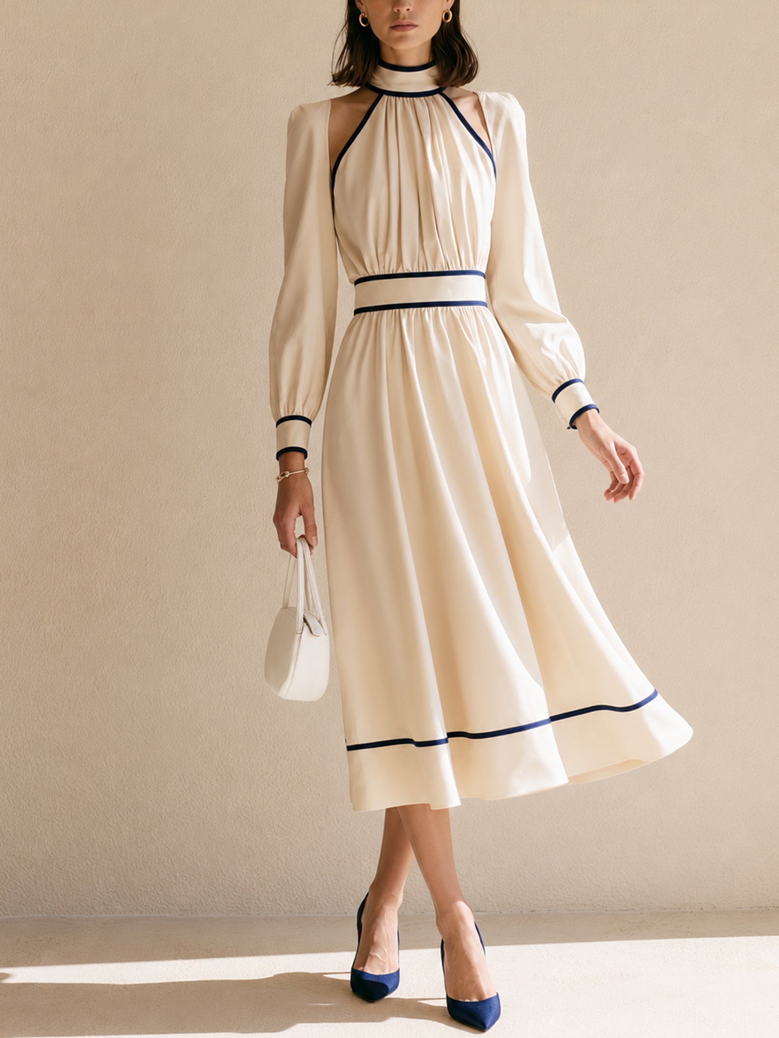 White Long-sleeved Halter Dress