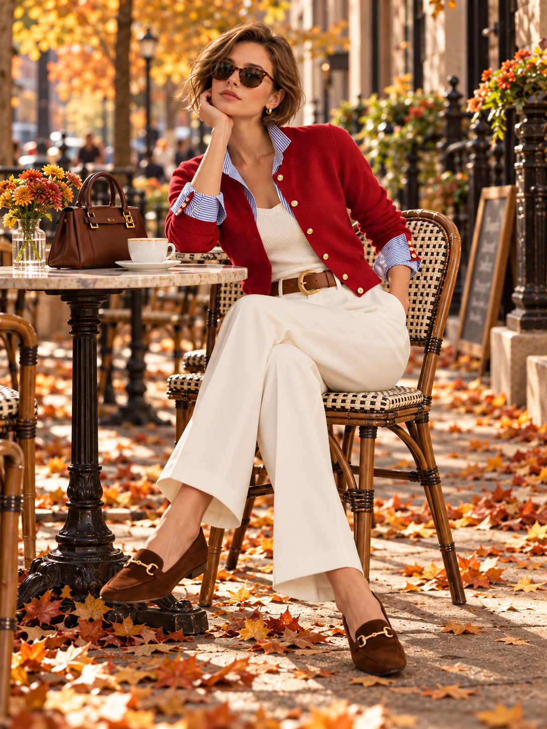 Red Cropped Knit Cardigan With A Blue-and-white Striped Collar