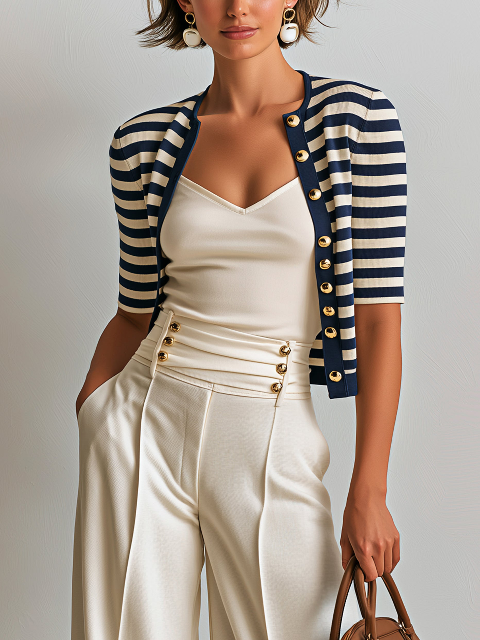 Elegant Knit Cardigan With Classic Breton Stripe & Elbow-Length Sleeves
