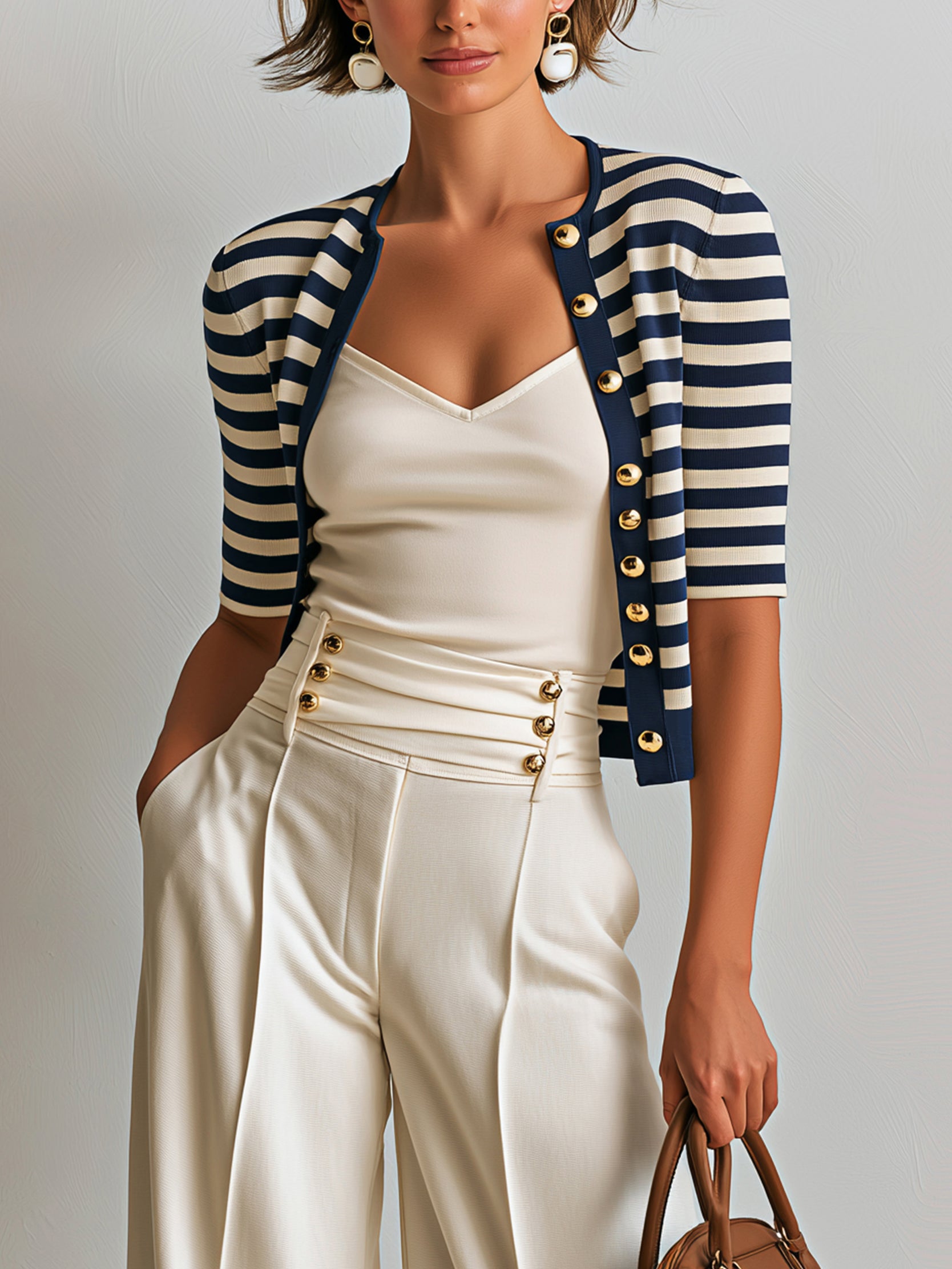 Elegant Knit Cardigan With Classic Breton Stripe & Elbow-Length Sleeves