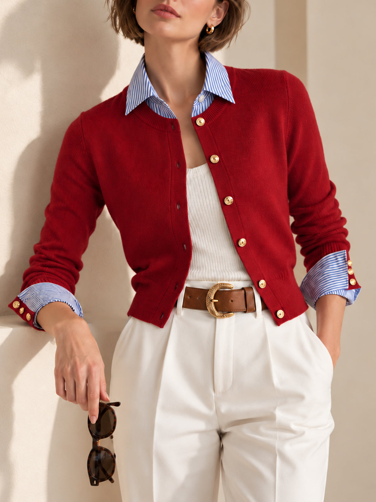 Red Cropped Knit Cardigan With A Blue-and-white Striped Collar