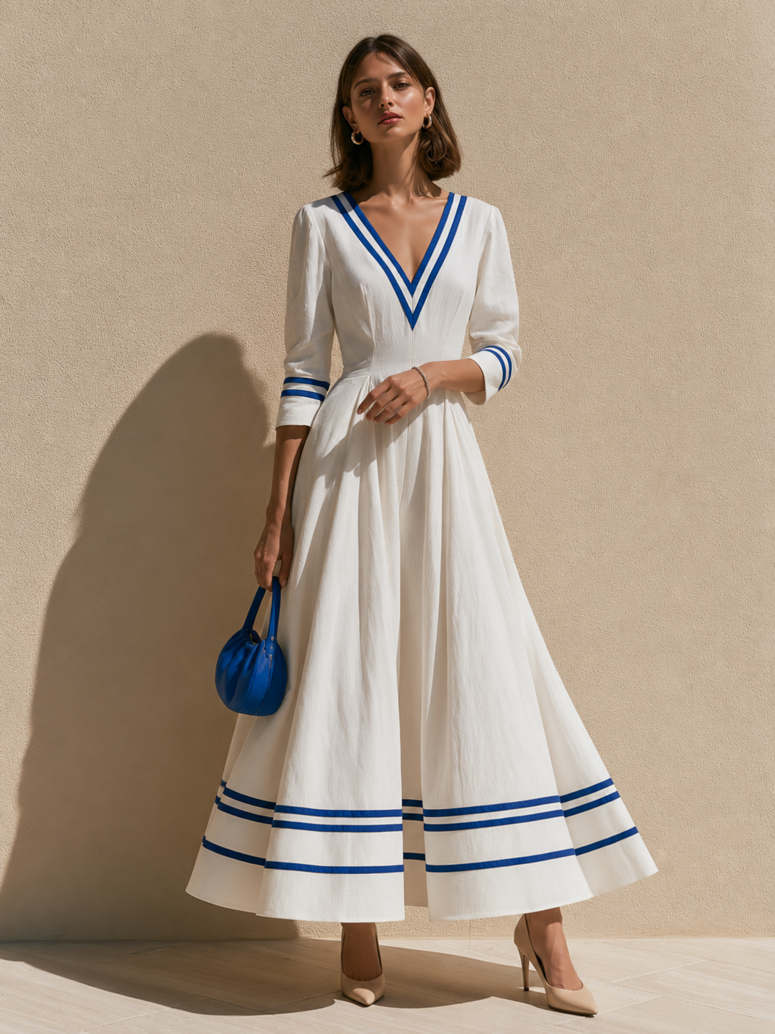 White Linen Maxi Skirt With Blue Stripes.