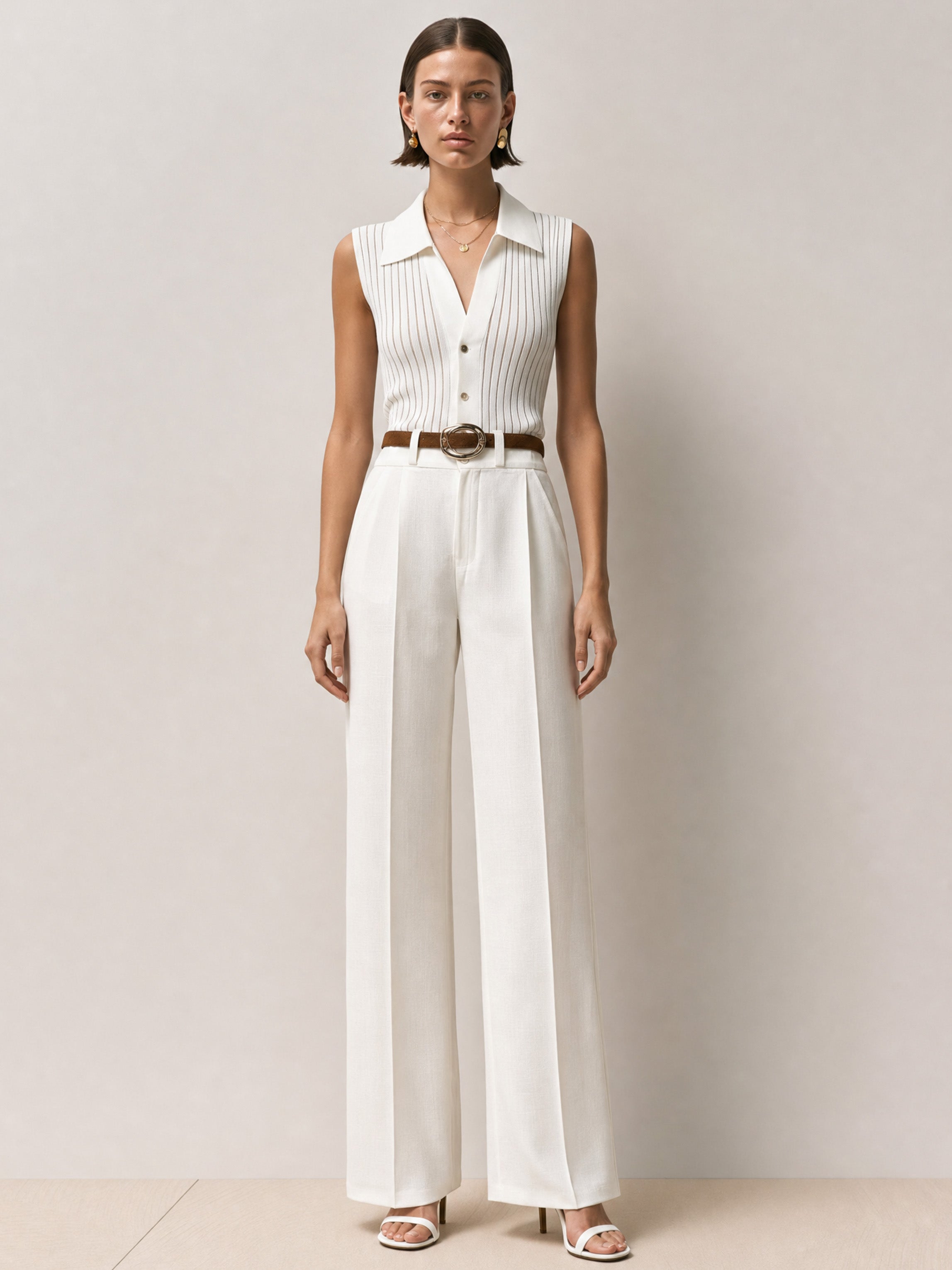 Elegant Ribbed Sleeveless Top & White Straight-leg Wide-leg Trousers.