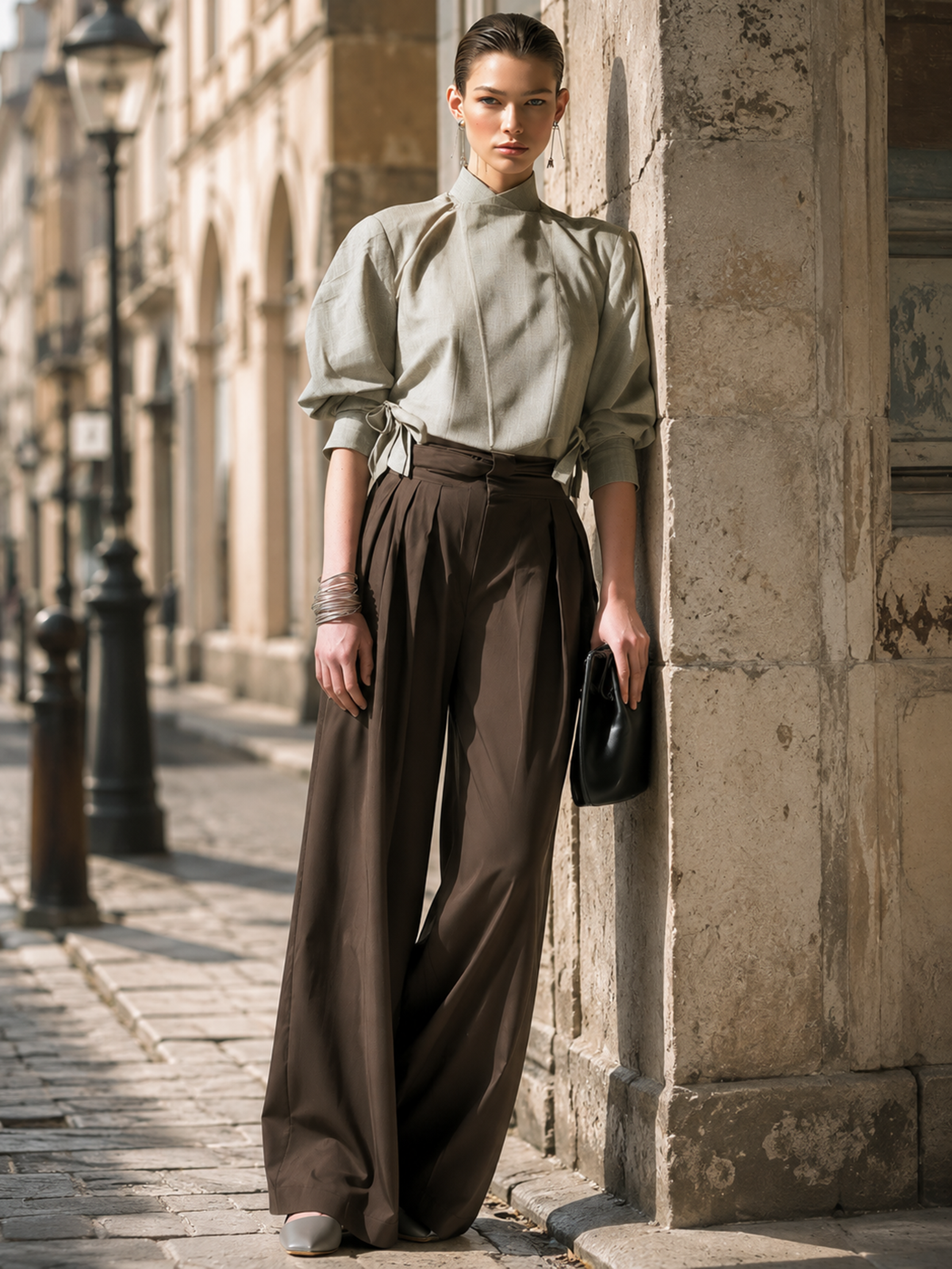 Elegant Light Grey Stand Collar Puff Sleeve Tie Crop Top Brown High Waist Pleated Wide Leg Two-Piece Set
