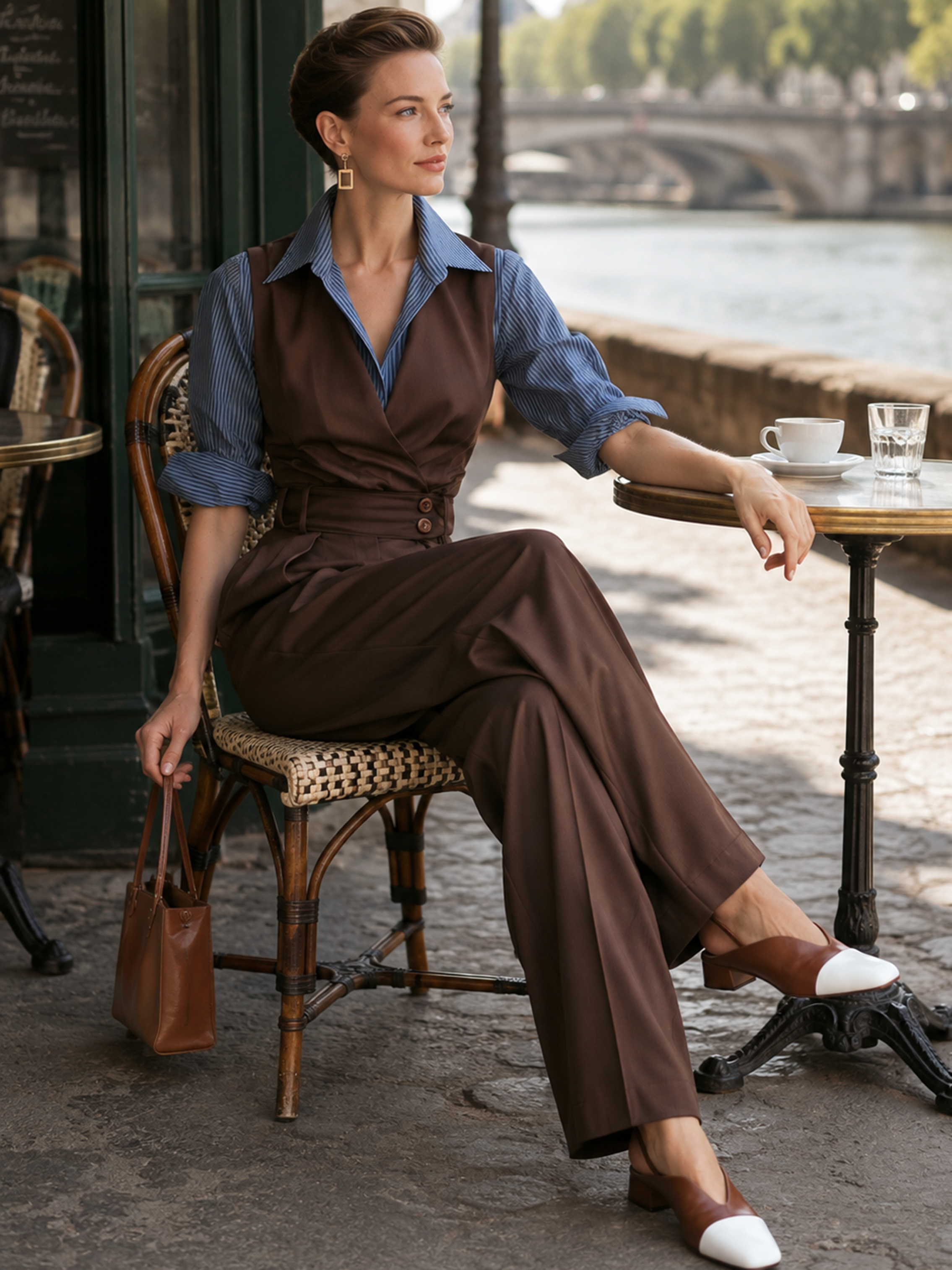 V‑Neck Shirt‑Patch Faux Two‑Piece Waisted Jumpsuit