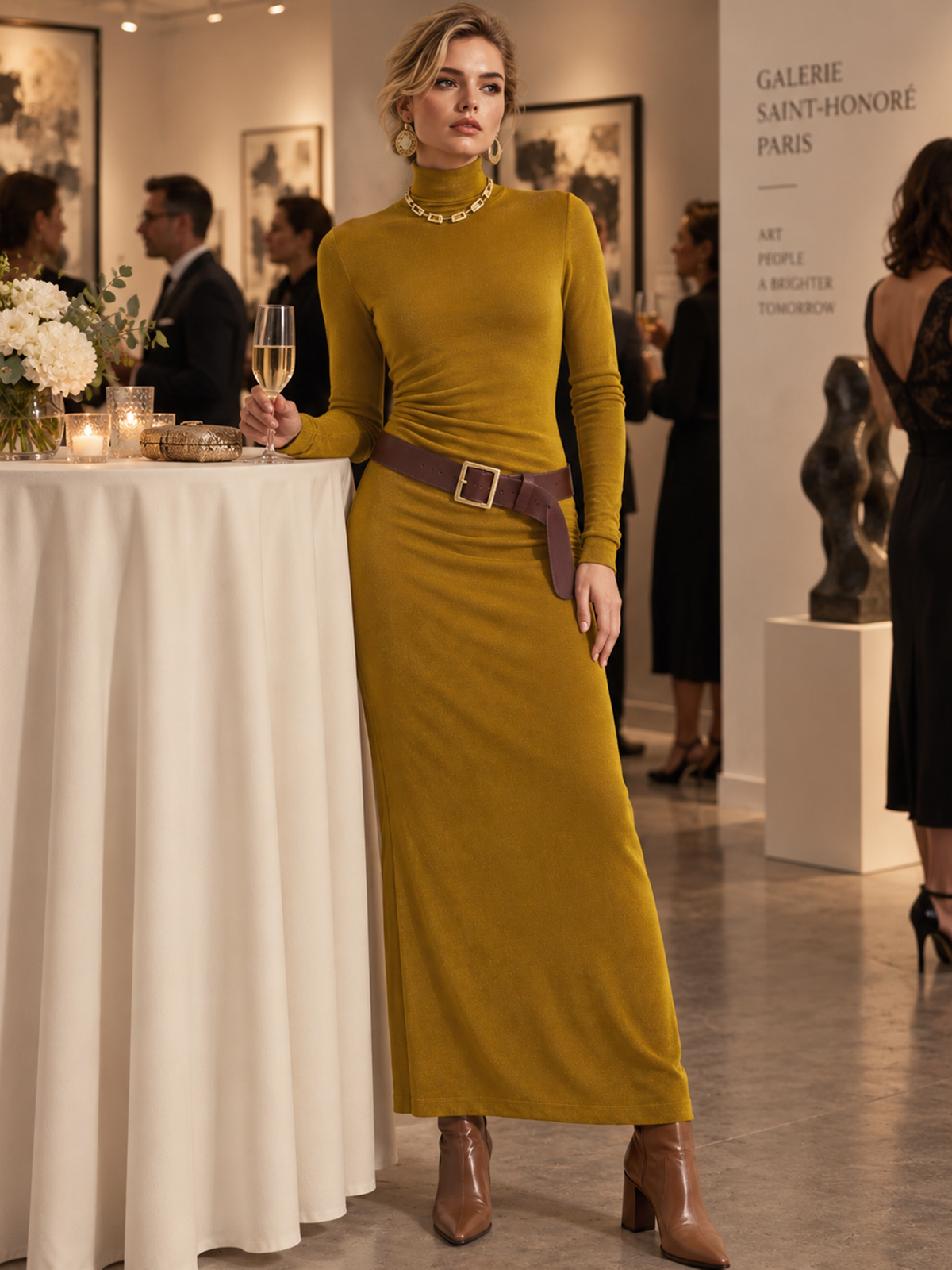 Ginger Yellow Knit Elegant Long Sleeve Dress