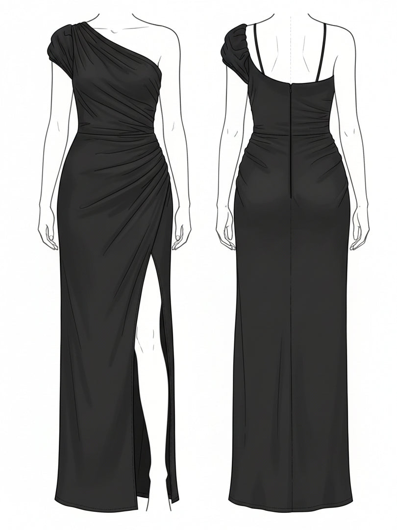 Robe longue cocktail fendue asymétrique en satin noir Liserie