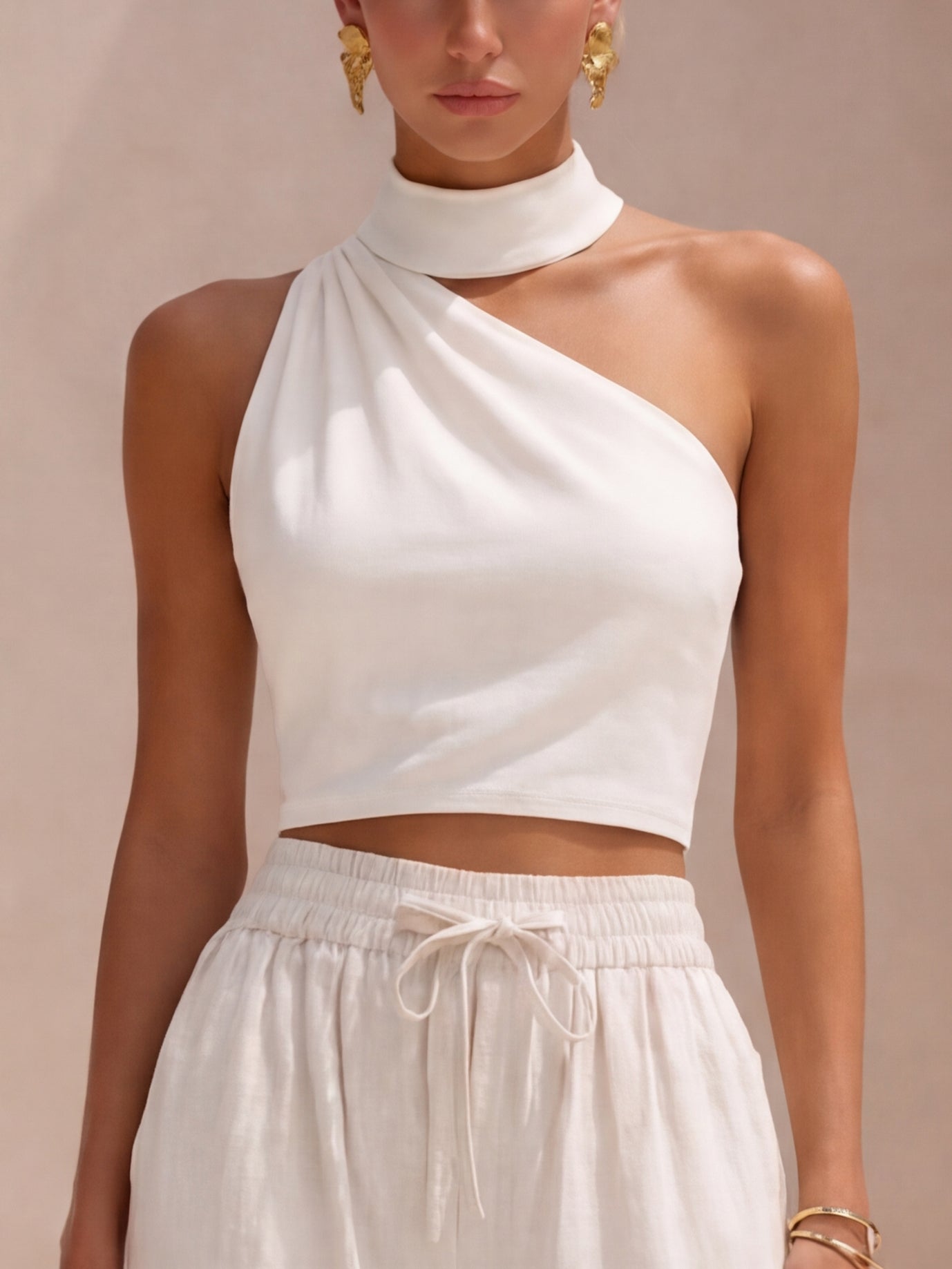 Liserie Linen One-Shoulder Top & Drawstring Pant Set