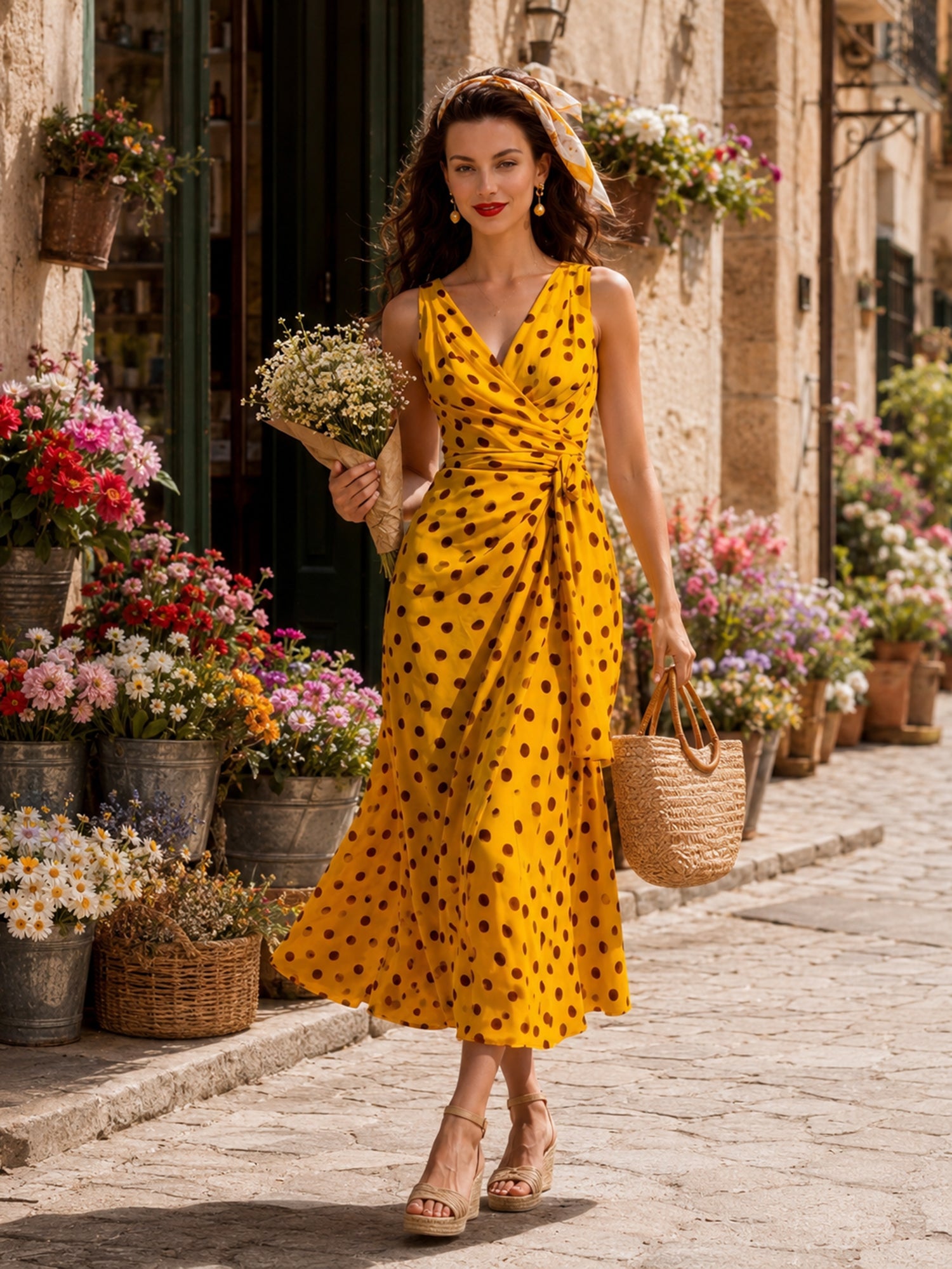 Liserie Vintage Polka Dot Wrap Midi Dress
