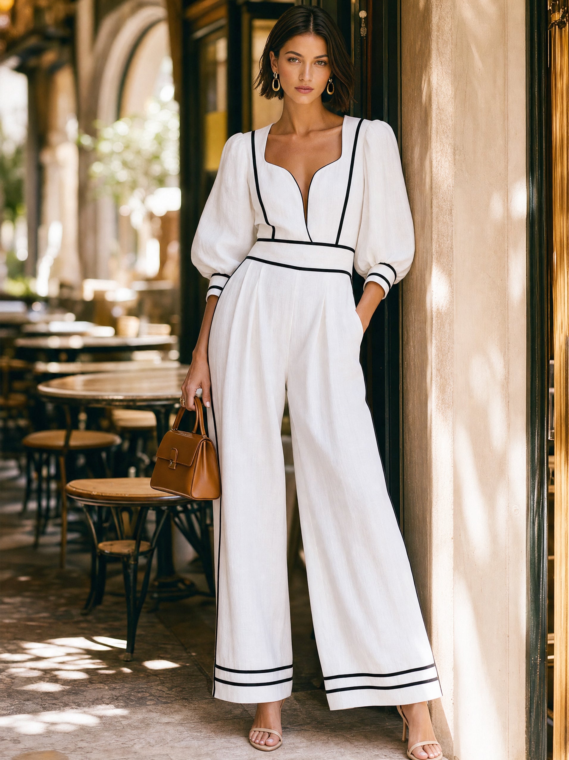 Linen Contrast Piping Puff Sleeve Wide Leg Jumpsuit