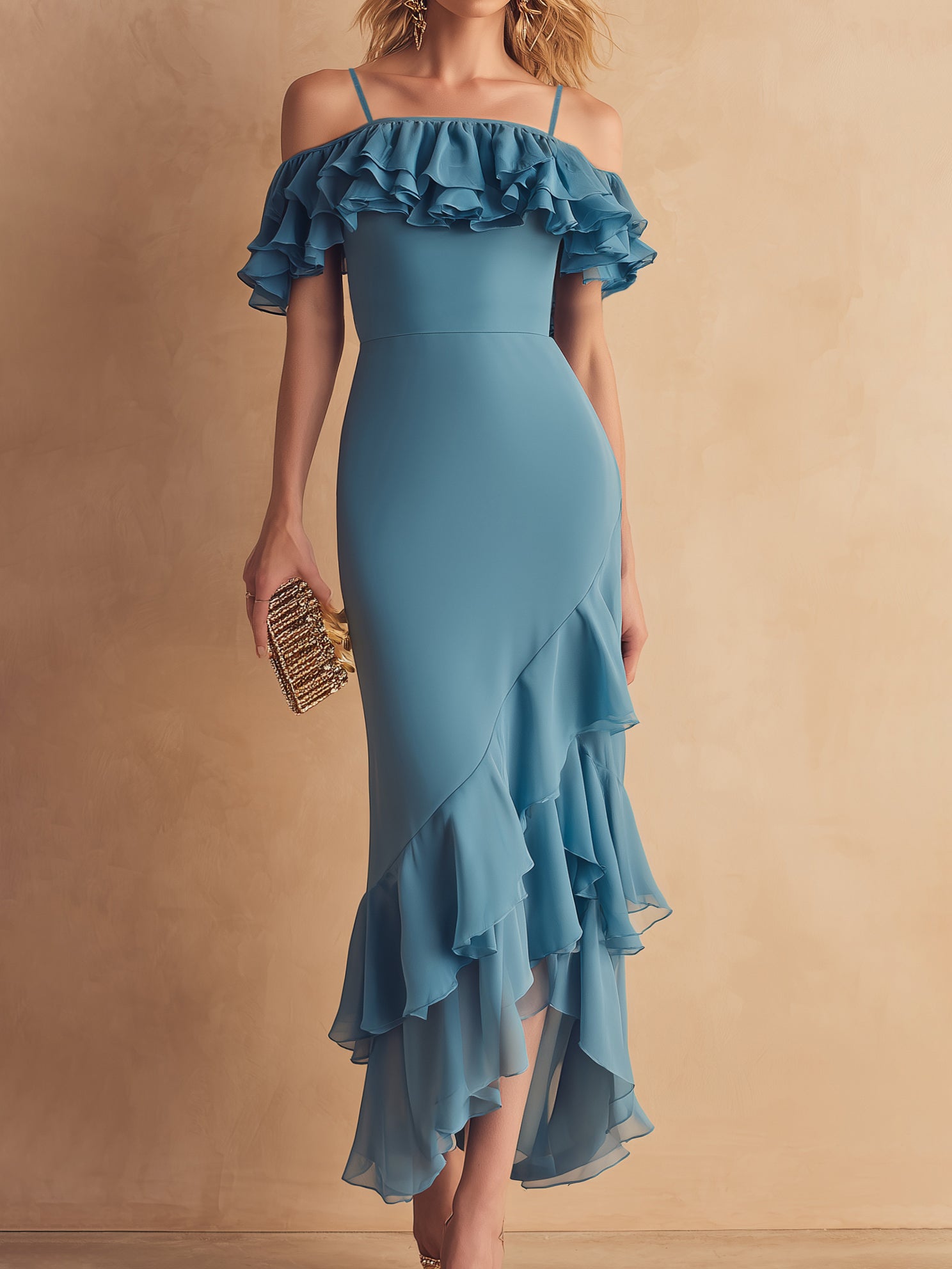 Robe longue cocktail Liserie en mousseline à épaules dénudées et volants