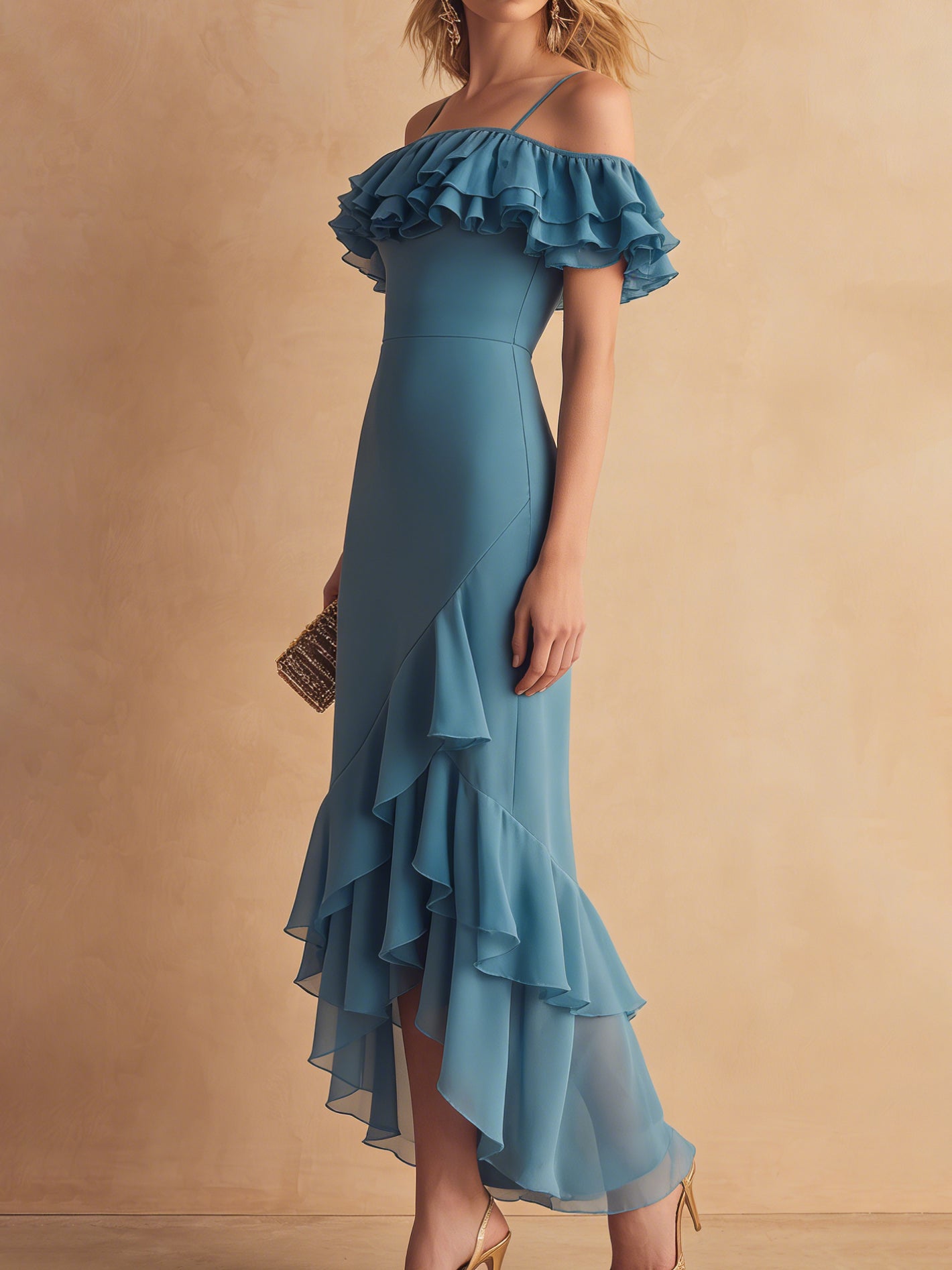 Robe longue cocktail Liserie en mousseline à épaules dénudées et volants