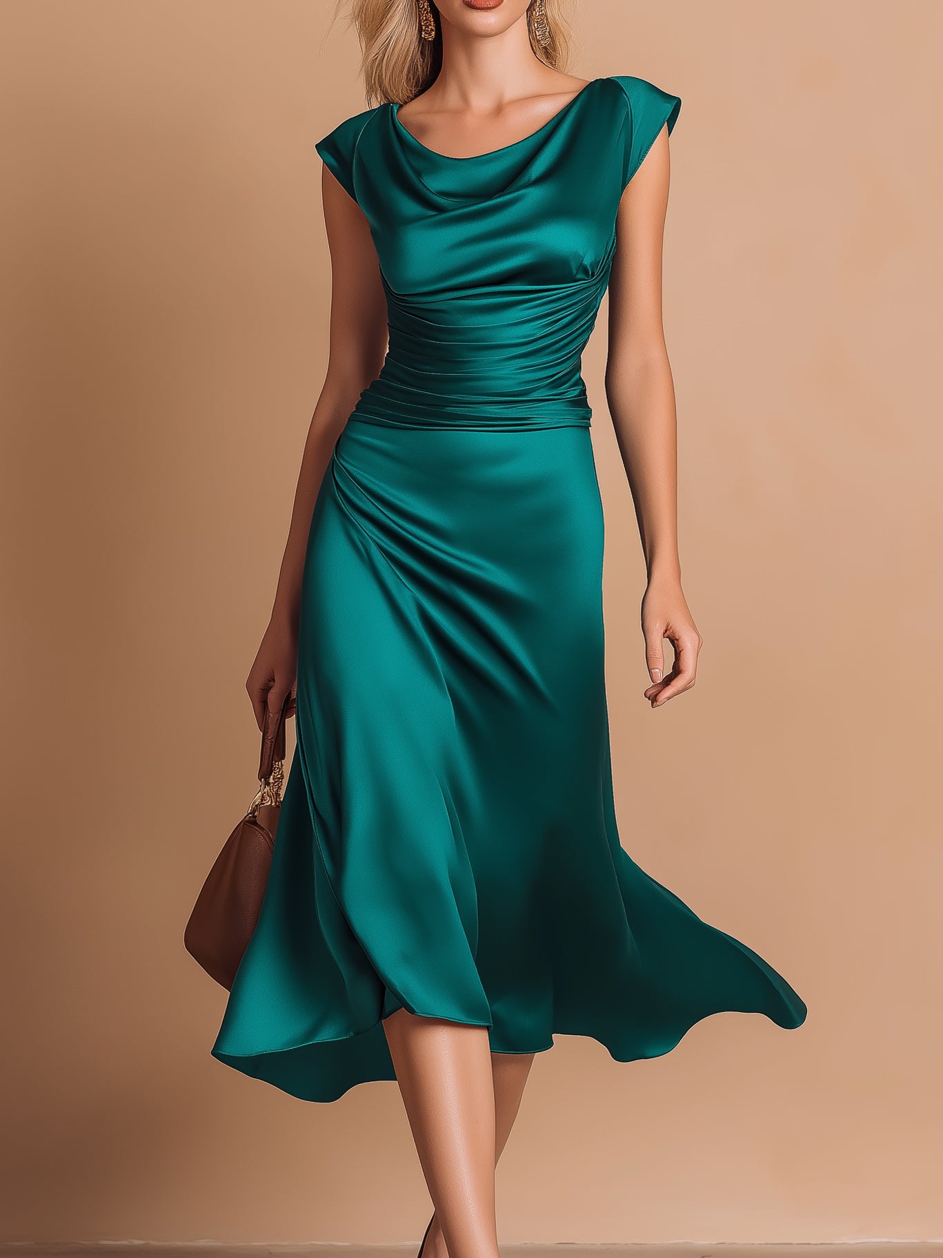 Liserie Satin Cowl Neck Sleeveless Midi Evening Dress
