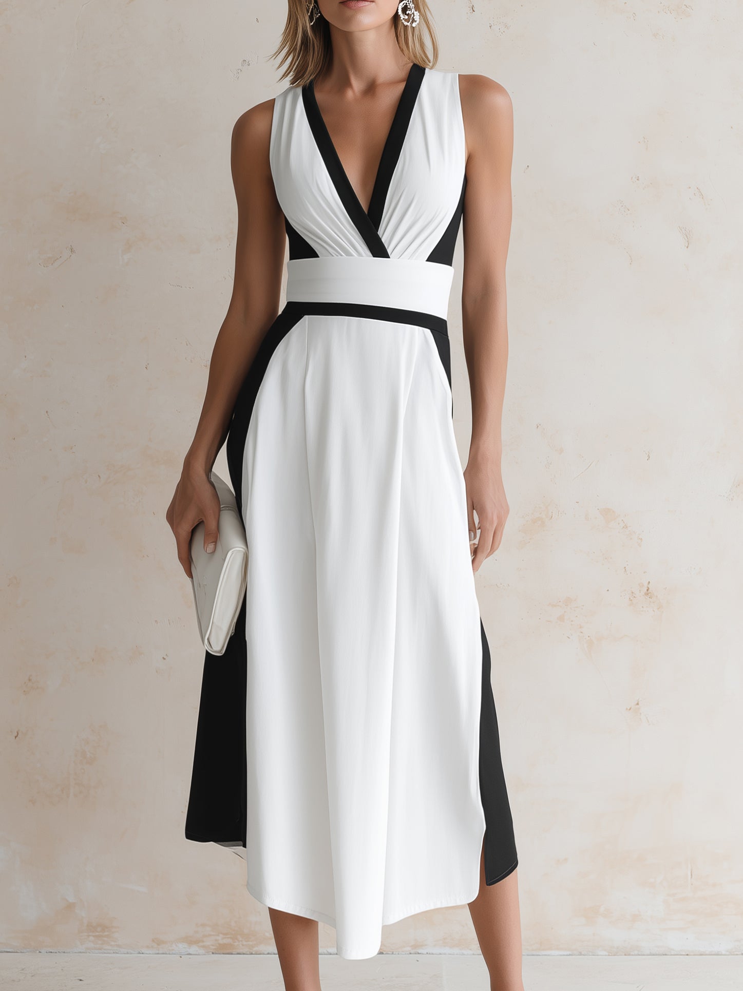 Liserie Monochrome Contrast V-Neck Office Midi Dress