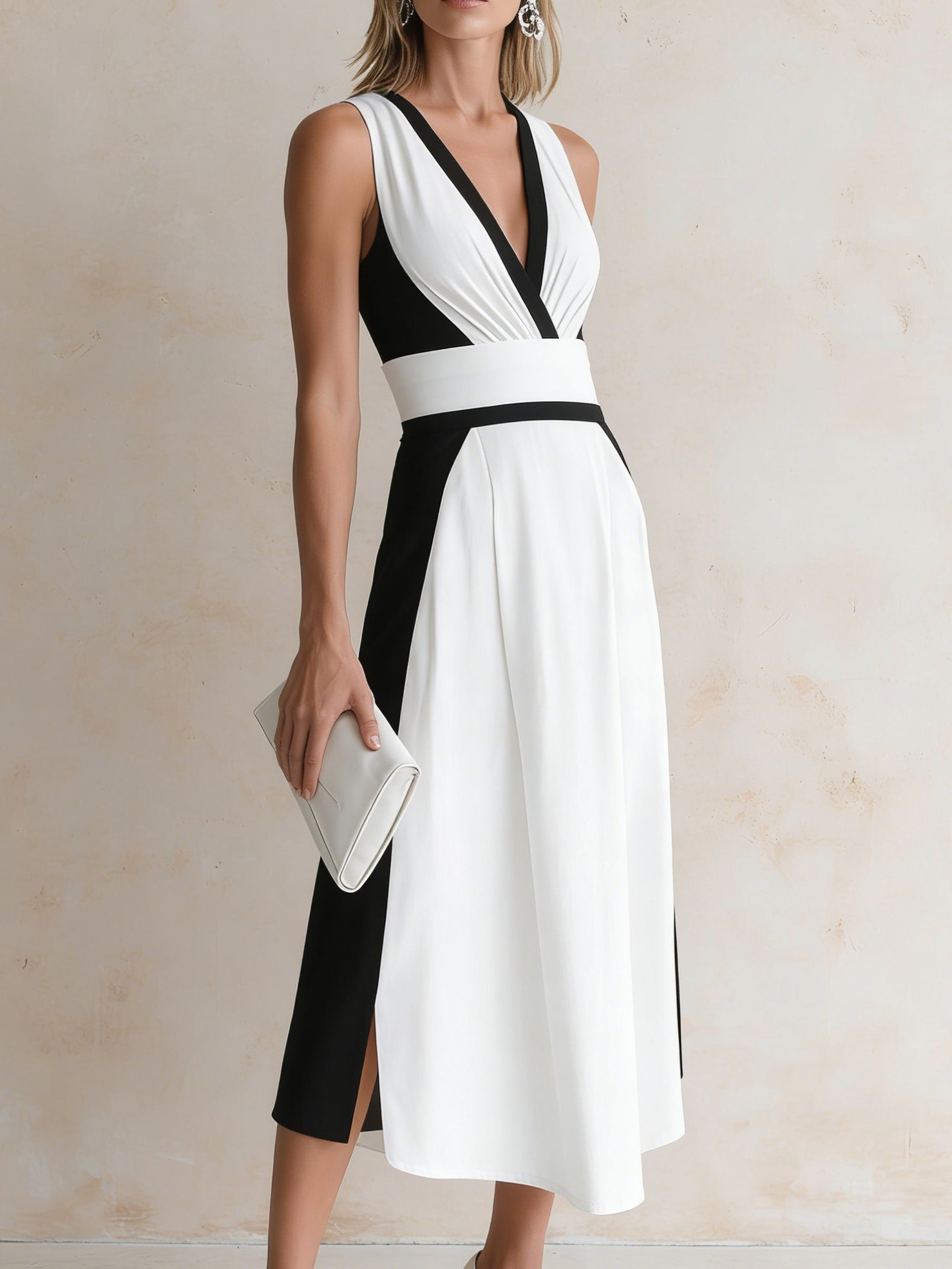 Liserie Monochrome Contrast V-Neck Office Midi Dress