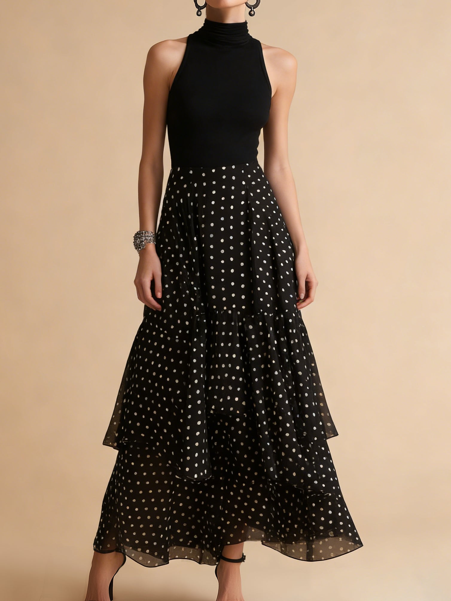 Liserie Black Polka Dot Ruffle Evening Maxi Dress