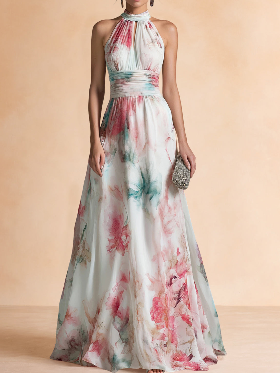 Liserie Chiffon Floral Print Halter Formal Maxi Dress