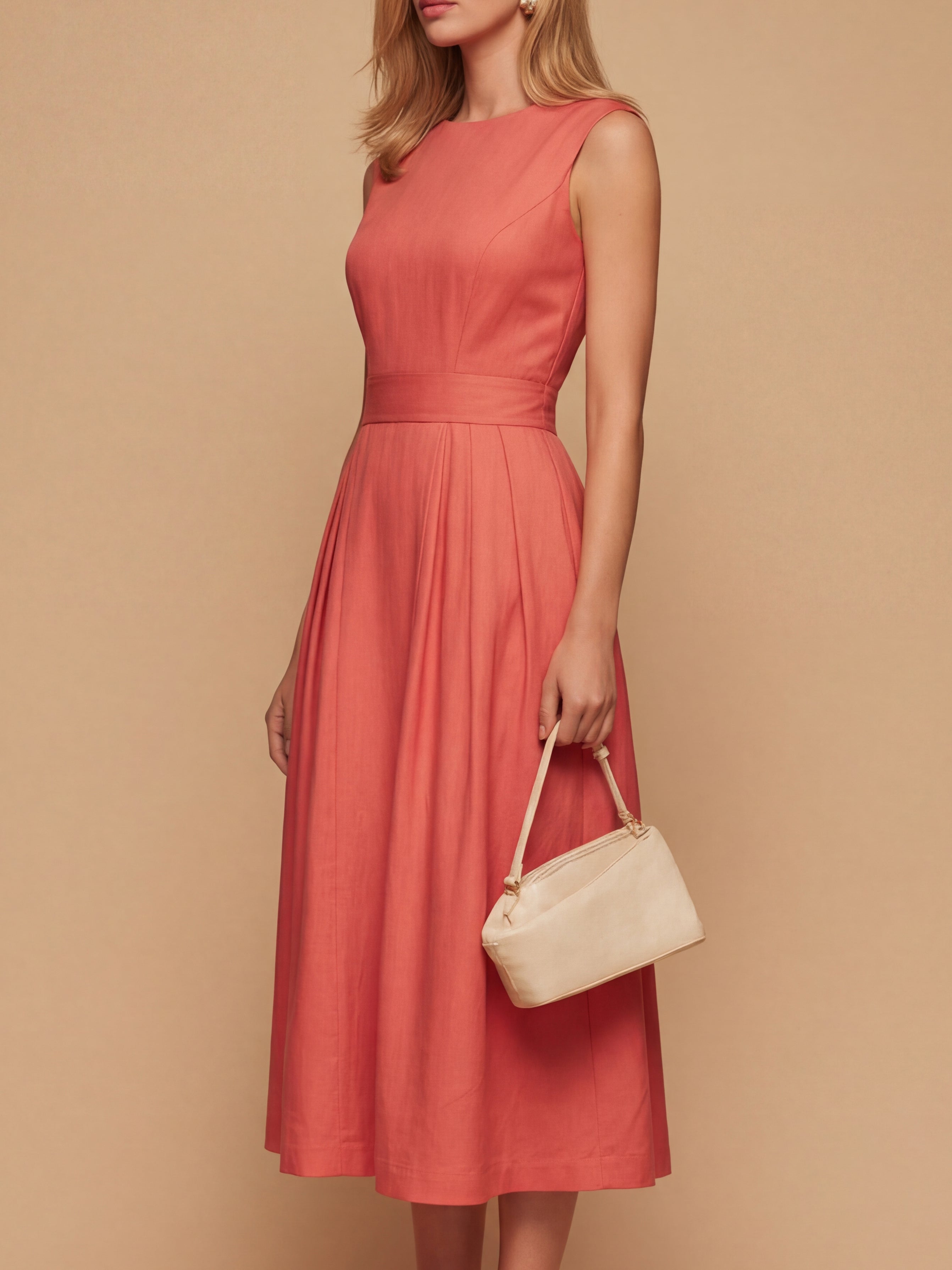 Liserie Cotton Boat Neck Sleeveless Workwear Midi Dress