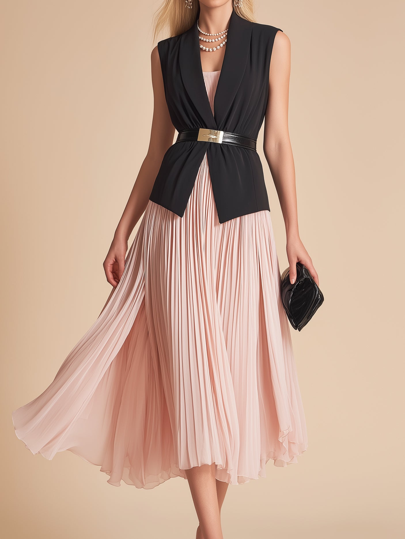 Liserie Sleeveless Blazer & Pleated Chiffon Midi Dress Set