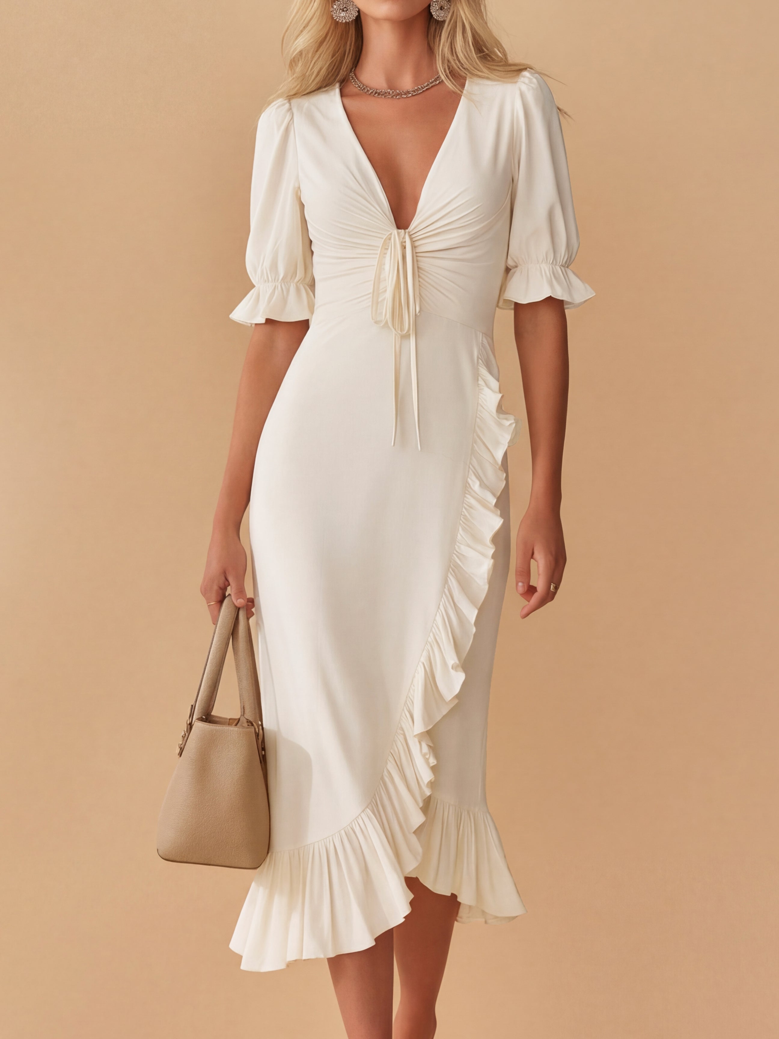 Liserie Stretch Deep V Puff Sleeve Casual Midi Dress