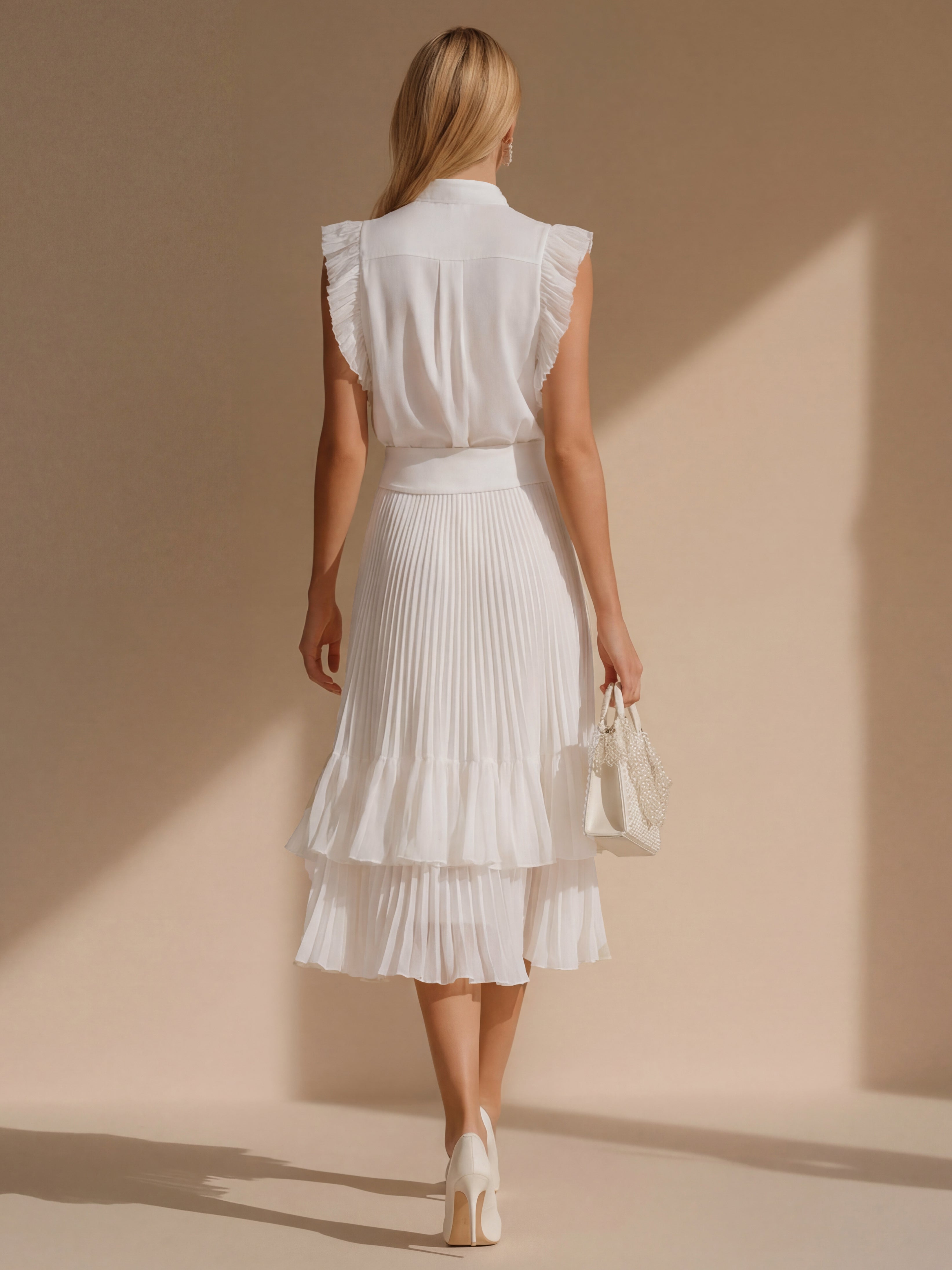 Liserie Chiffon Elegant Shirt &Pleated Ruffle Midi Skirt Set