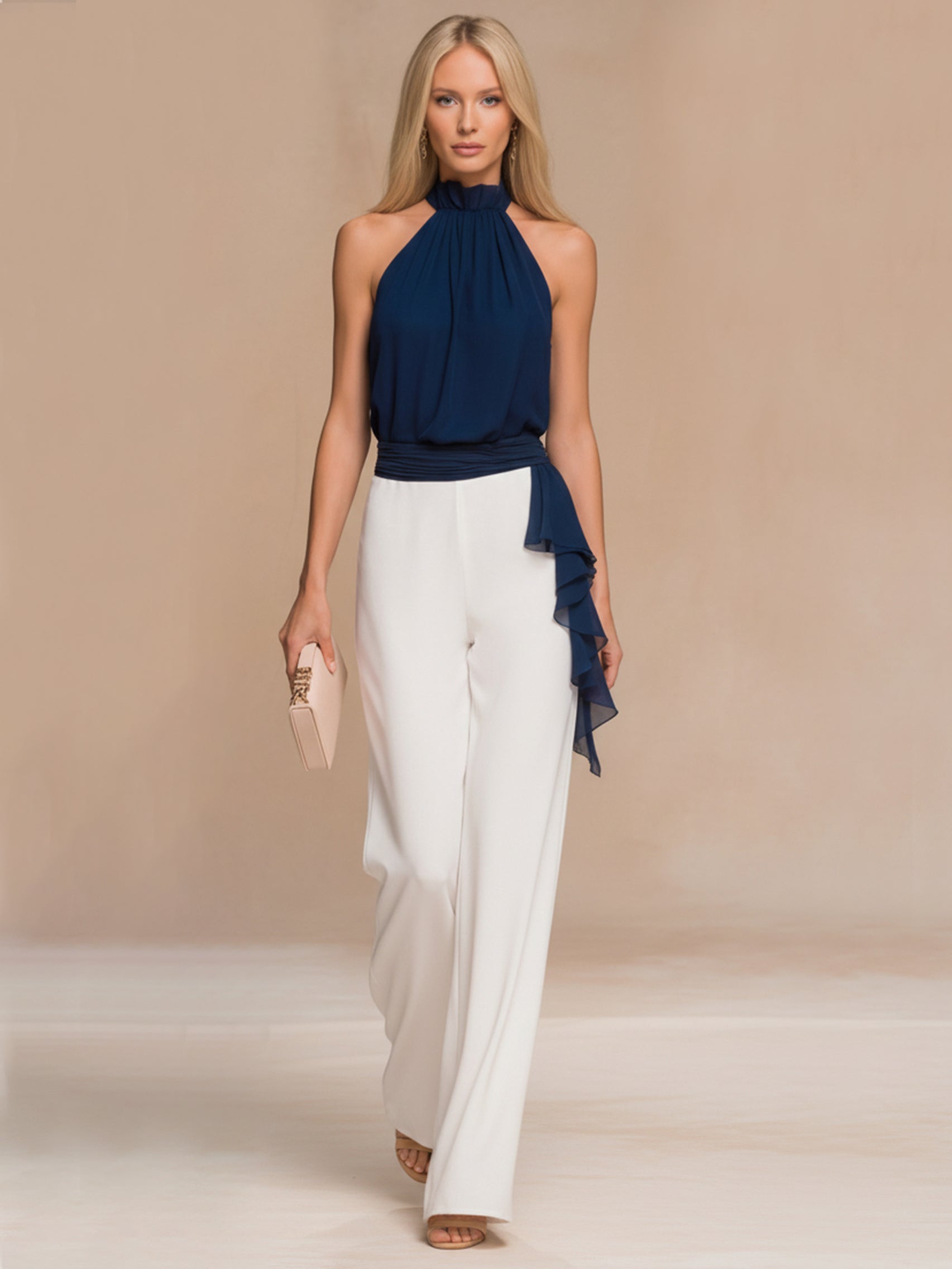 Liserie Chiffon Halter Neck Ruffle Top &Wide Leg Pant Set